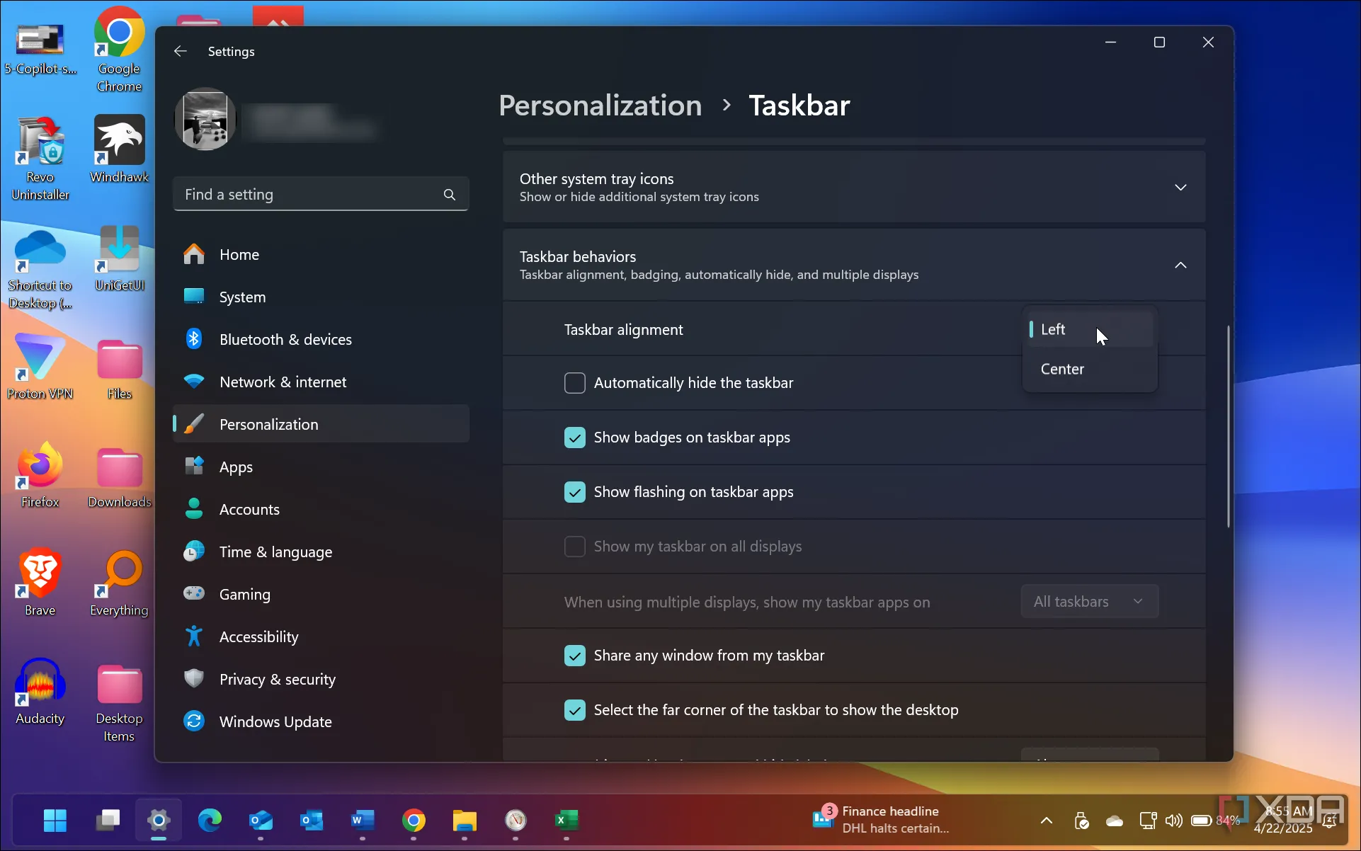Cài đặt căn chỉnh thanh Taskbar để di chuyển Start Menu Windows 11 sang bên trái
