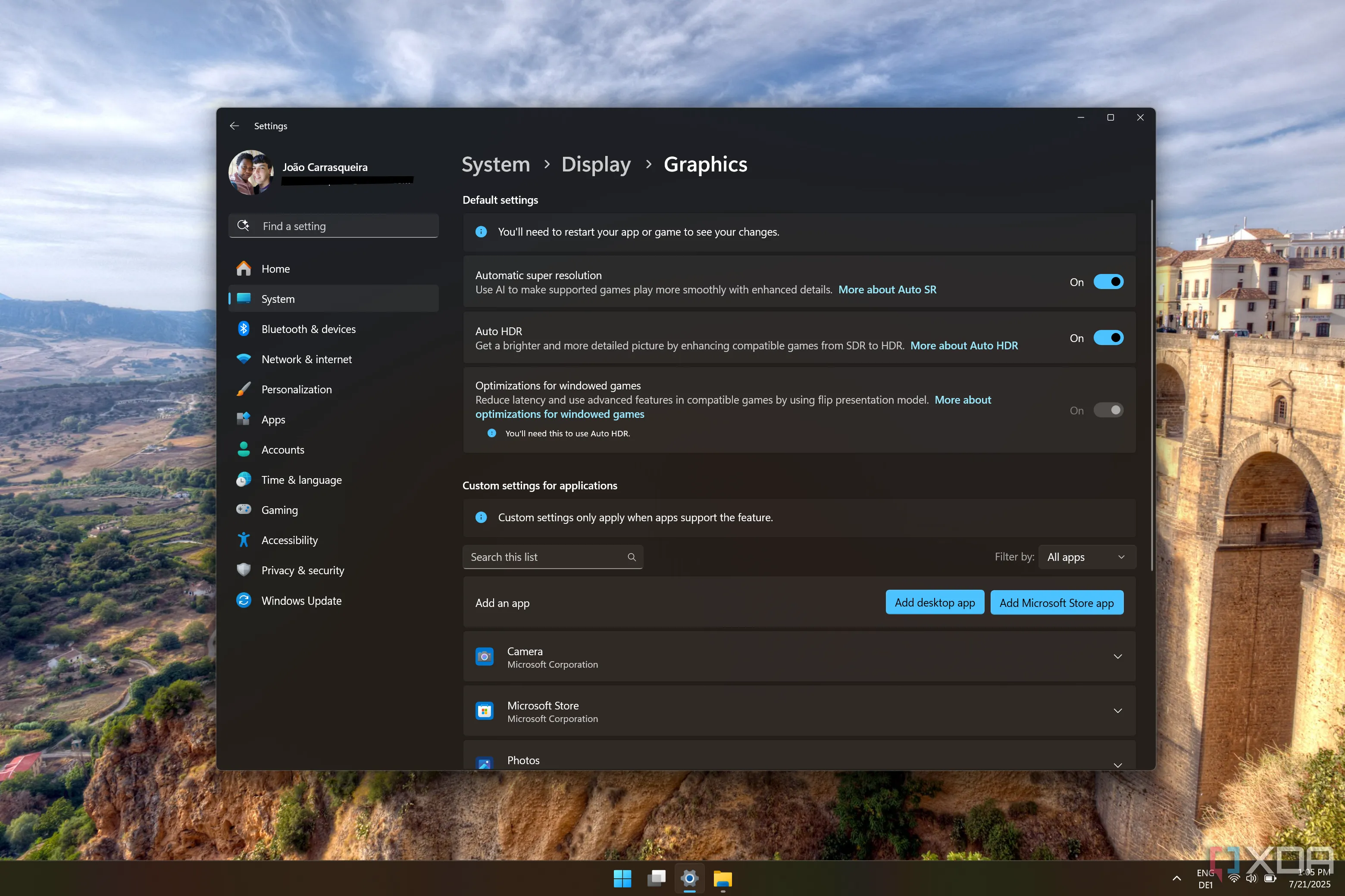 Cài đặt đồ họa Windows 11 với tính năng Auto HDR đang bật