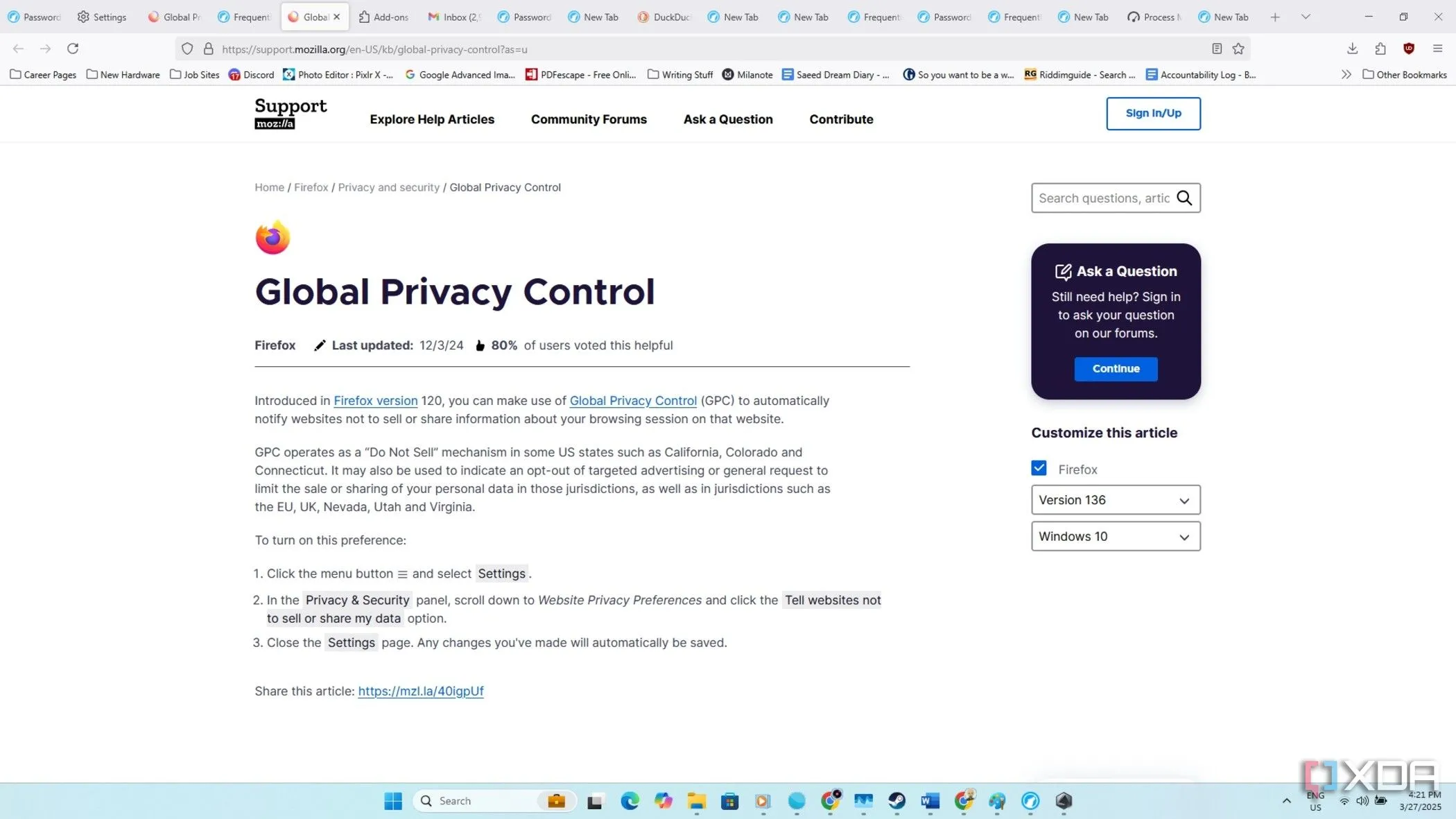 Cài đặt Global Privacy Control trong giao diện của trình duyệt LibreWolf, cho phép người dùng kích hoạt quyền từ chối chia sẻ dữ liệu.