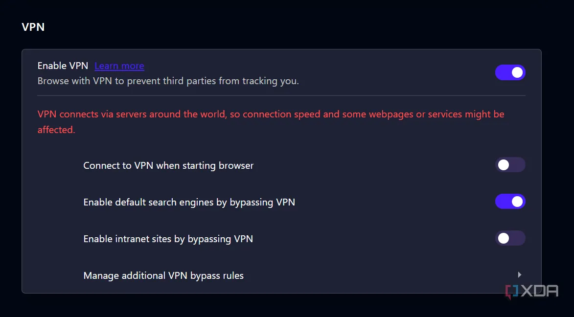 Cài đặt hiển thị tùy chọn bật VPN miễn phí tích hợp trong trình duyệt Opera