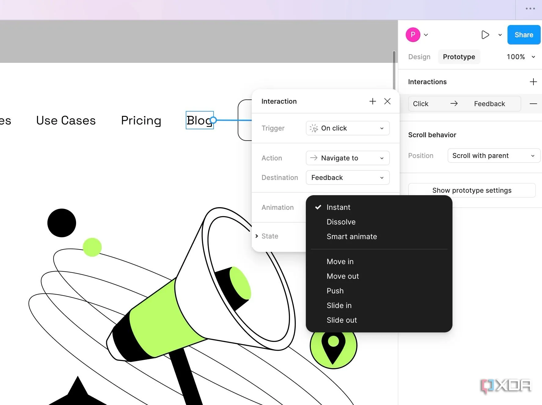 Cài đặt hiệu ứng chuyển động và transition trong Figma prototype