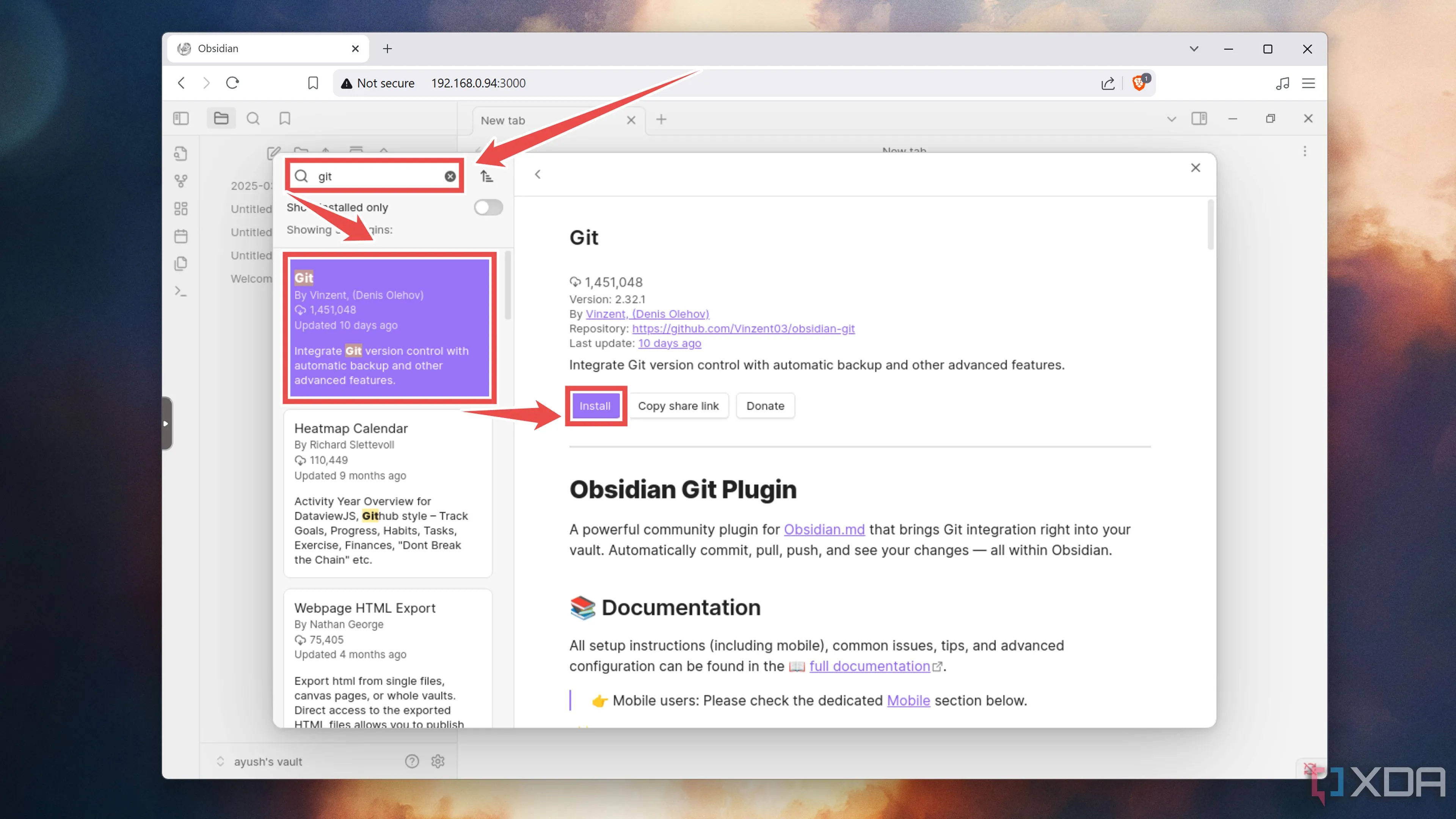 Cài đặt plugin Git từ cộng đồng Obsidian để đồng bộ ghi chú