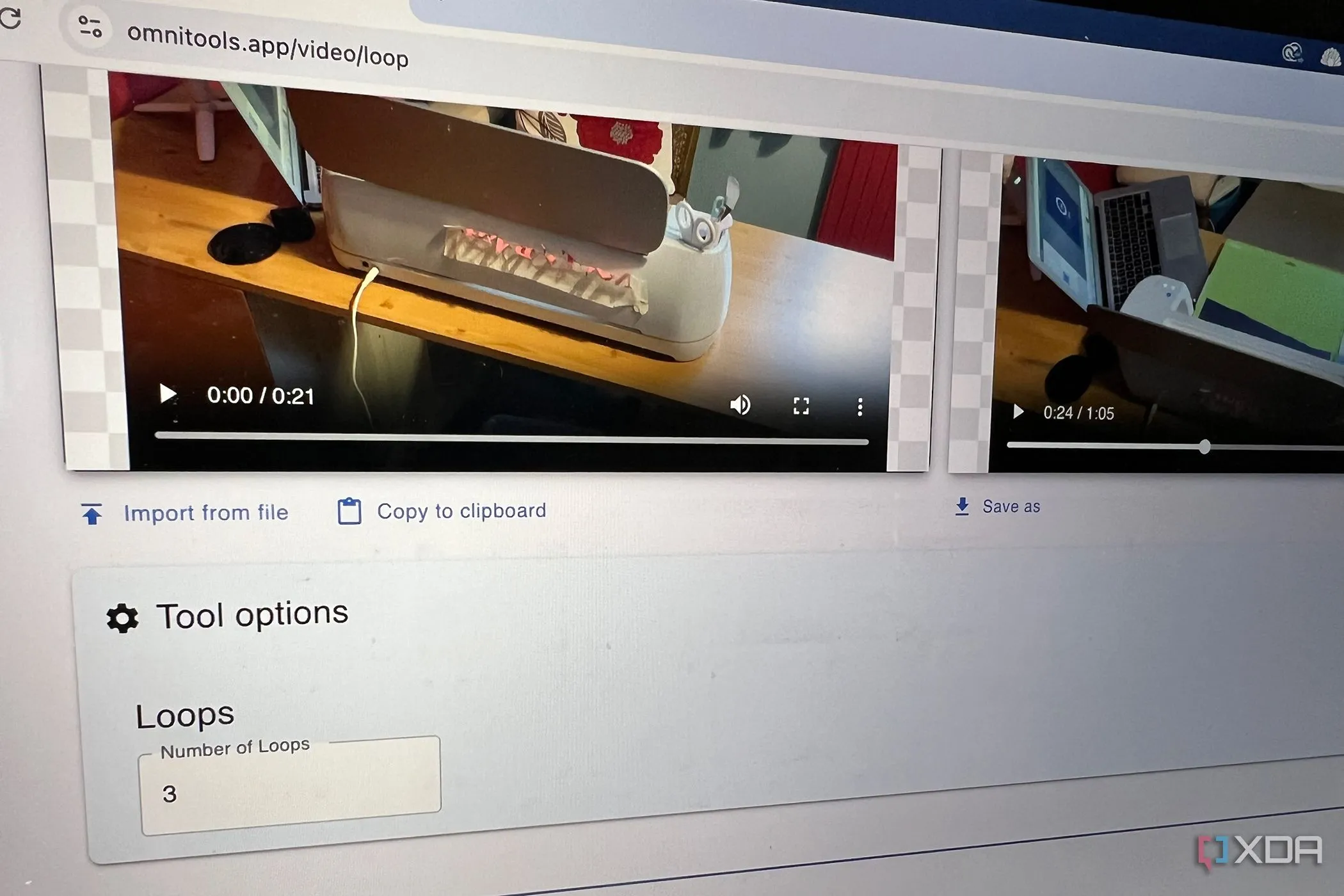 Cài đặt và kết quả công cụ lặp lại video của Omni Tools