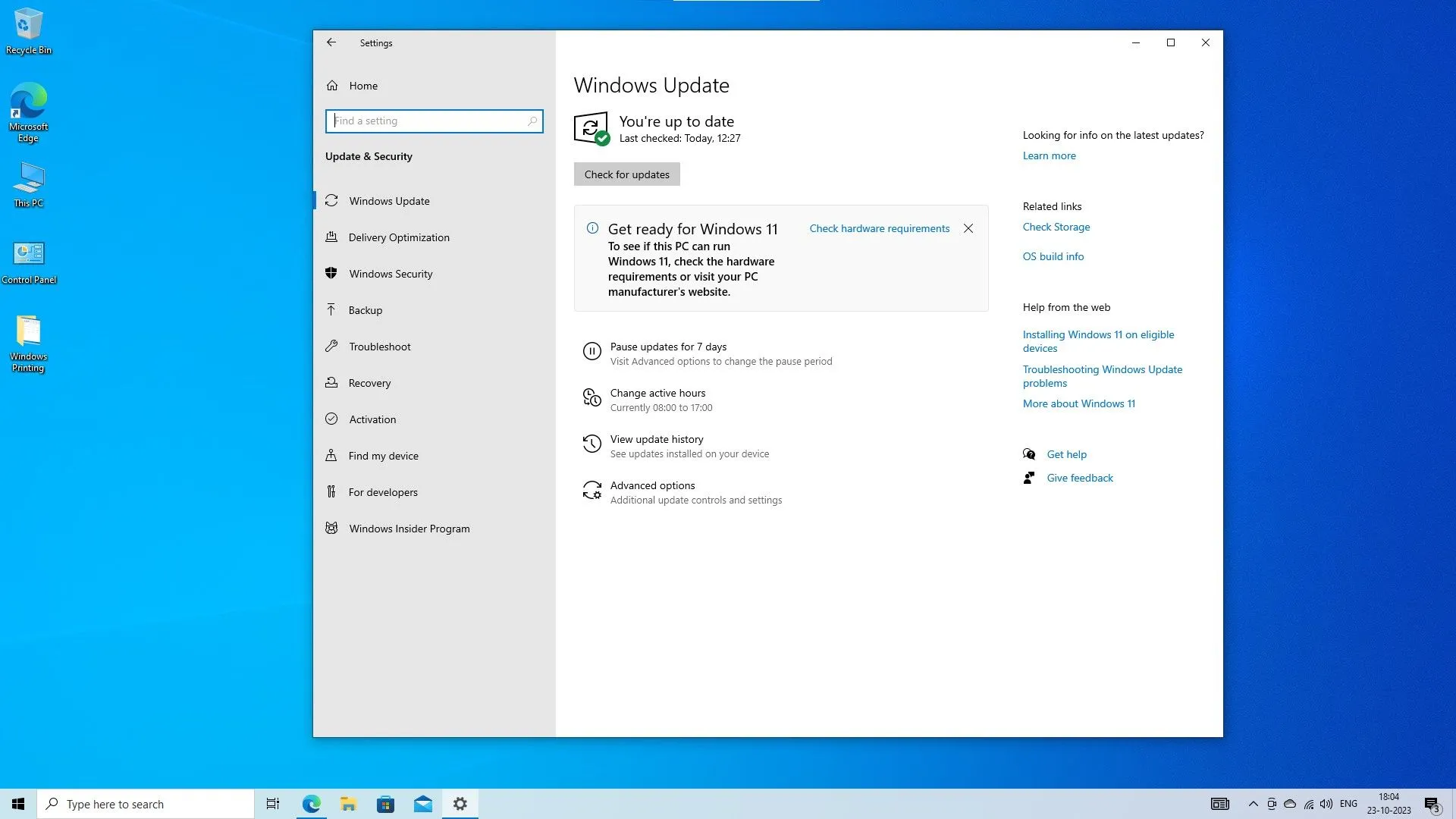 Cài đặt Windows Update trên Windows 10, nơi người dùng quản lý các bản vá lỗi và khắc phục sự cố.