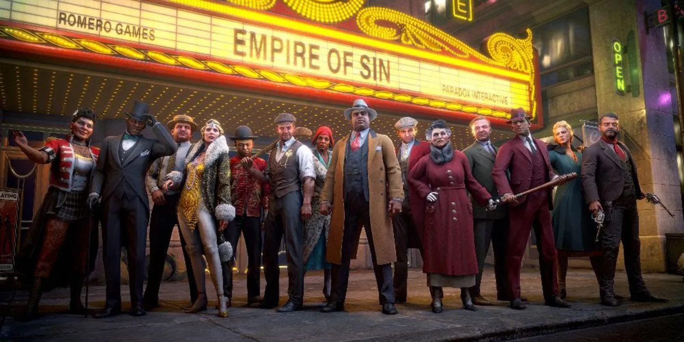 Cảnh bên ngoài một nhà hát với tên trò chơi Empire of Sin, lấy bối cảnh những năm 1920