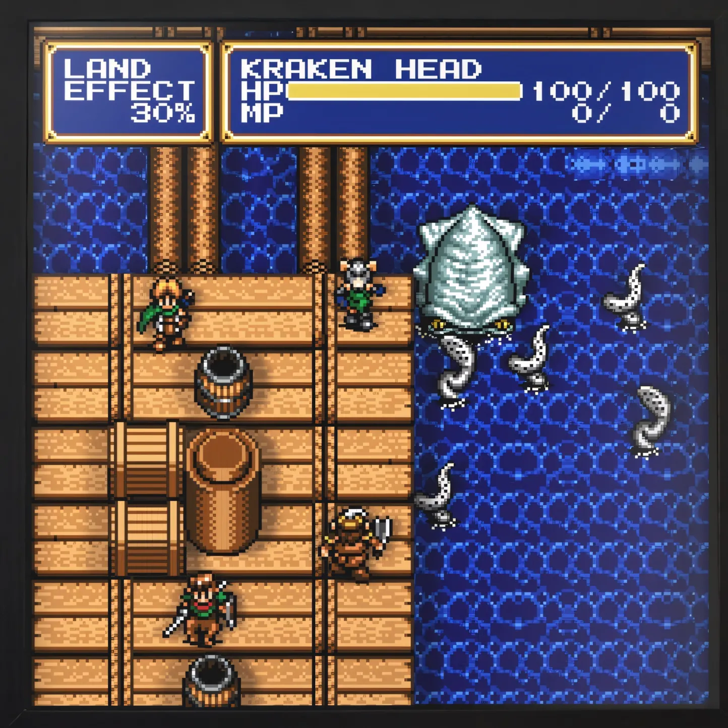 Cảnh chiến đấu trong game Shining Force 2 với đội hình nhân vật đối mặt với Kraken khổng lồ