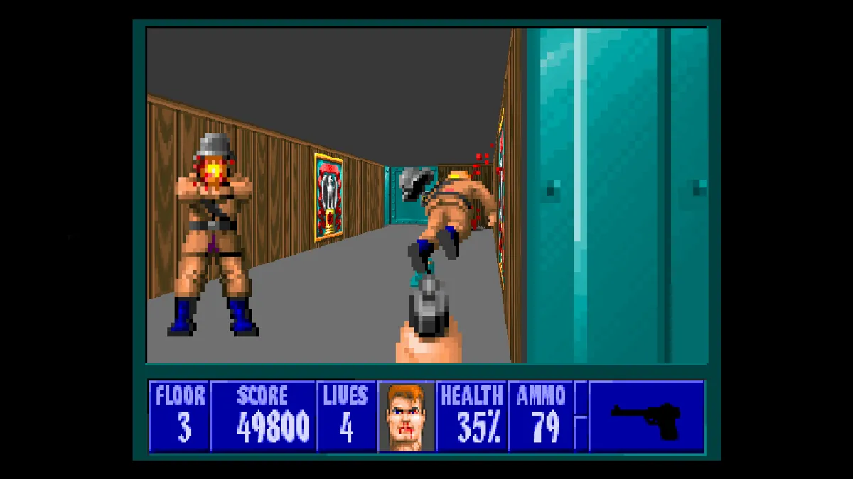 Cảnh chiến đấu trong Wolfenstein 3D, với kẻ thù và vật phẩm rải rác trong môi trường 3D.