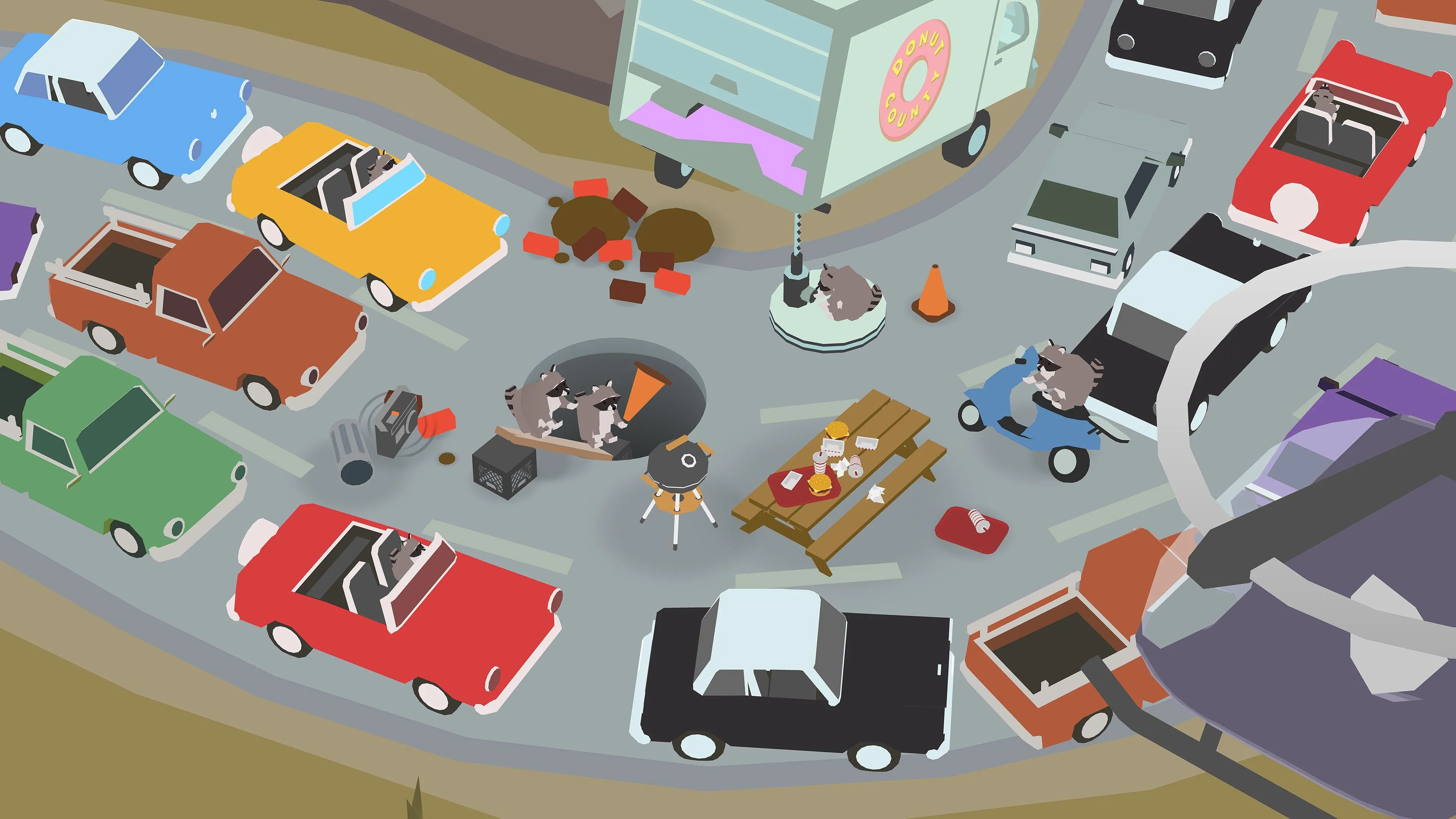 Cảnh chơi Donut County, hố đen đang hút các vật phẩm trong môi trường đô thị.