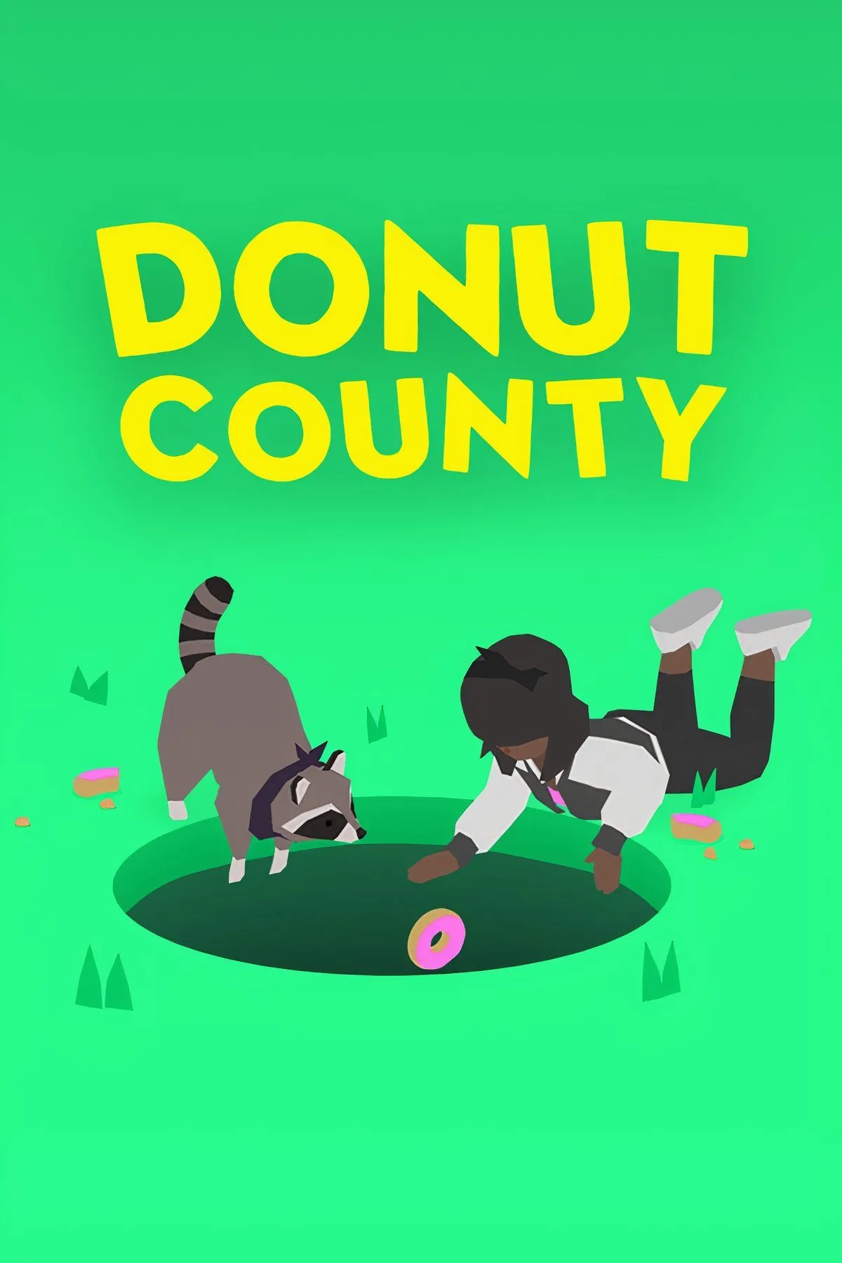 Cảnh chơi game Donut County, một hố khổng lồ nuốt chửng các vật thể.