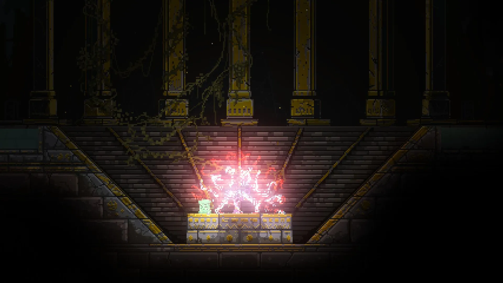 Cảnh đồ họa pixel ấn tượng trong game Noita, một tựa game hành động Roguelike