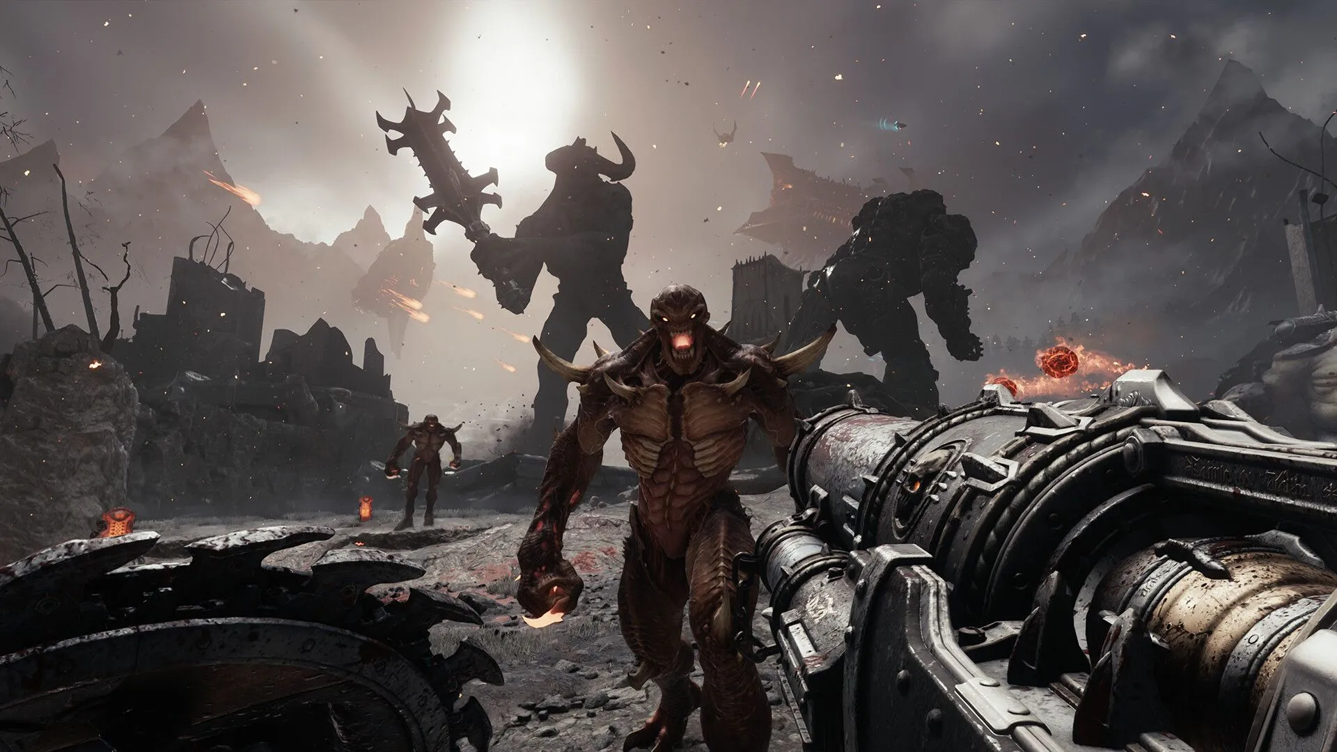 Cảnh Doom Slayer dùng rìu và khiên trong phong cách chiến đấu mới của Doom: The Dark Ages