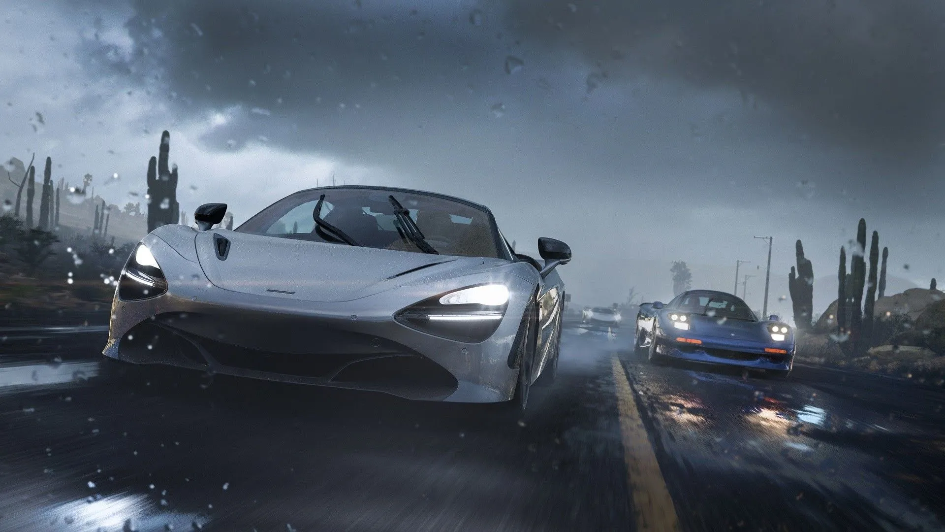 Cảnh đua xe trong game Forza Horizon 5 dưới trời mưa lớn với nhiều xe tranh tài