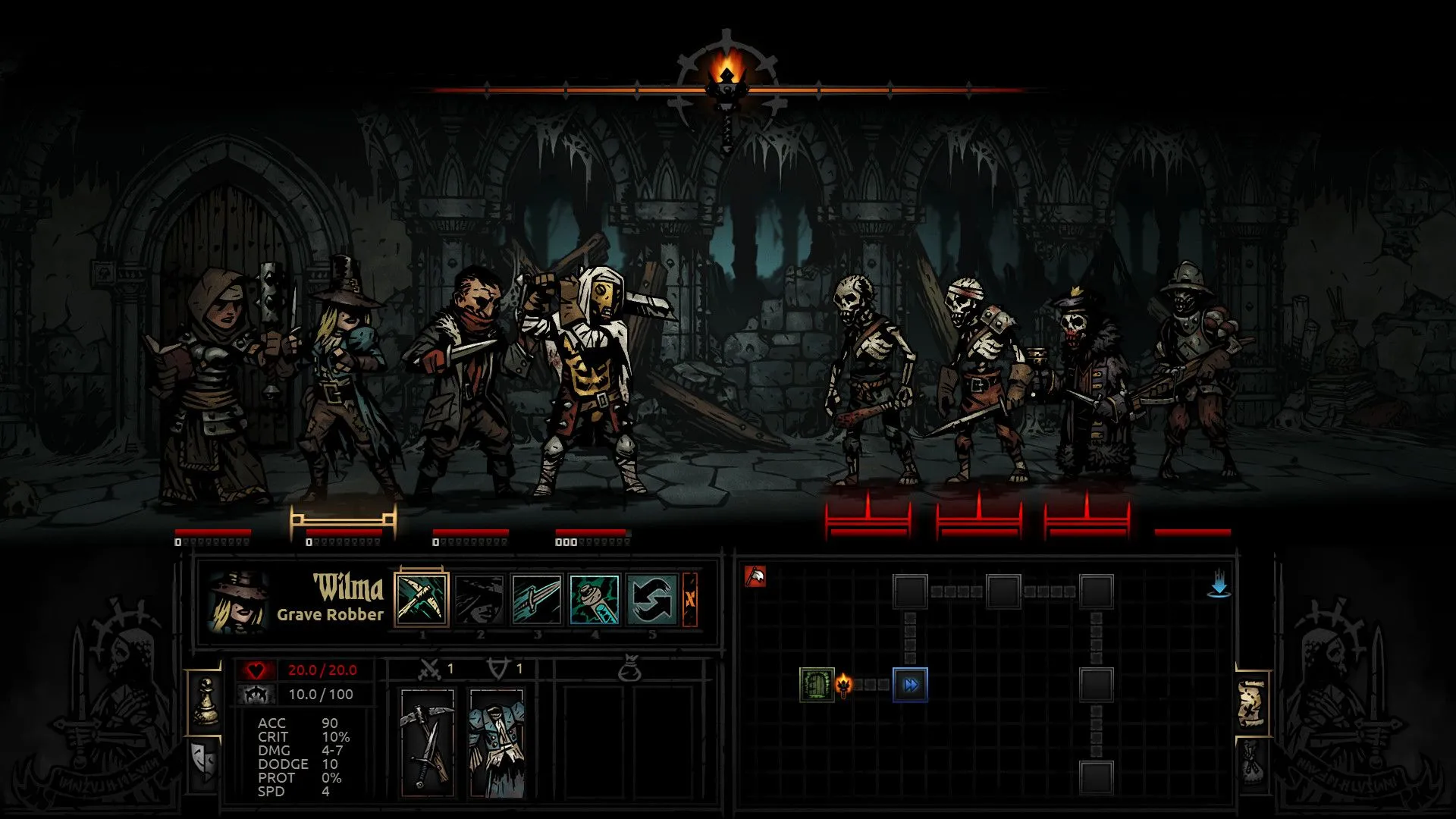 Cảnh game Darkest Dungeon hiển thị thanh stress và trạng thái tinh thần của nhân vật, minh họa cơ chế sanity trong RPG