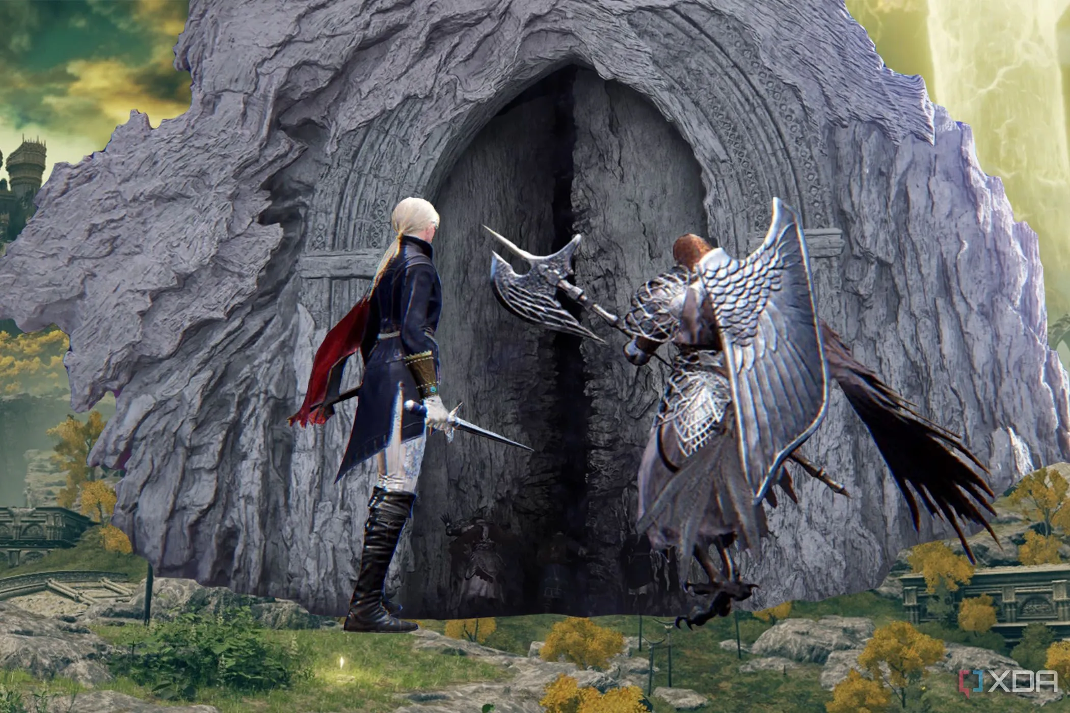 Cảnh game Elden Ring Nightreign với Nữ Công Tước và Người Giữ Cửa trước cánh cửa mục nát