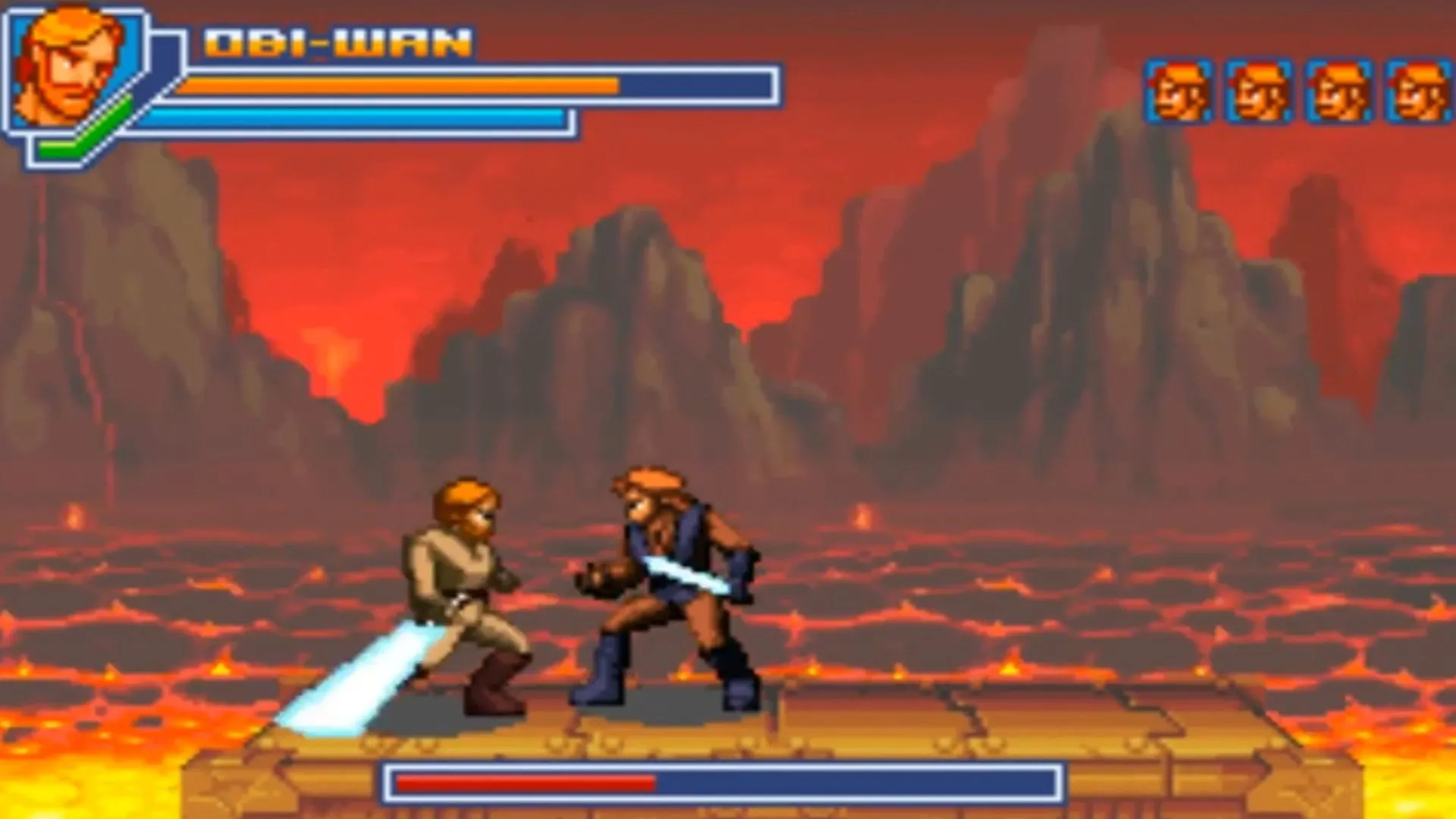 Cảnh gameplay 2D hành động trong Star Wars Episode 3: Revenge of the Sith phiên bản Game Boy Advance.