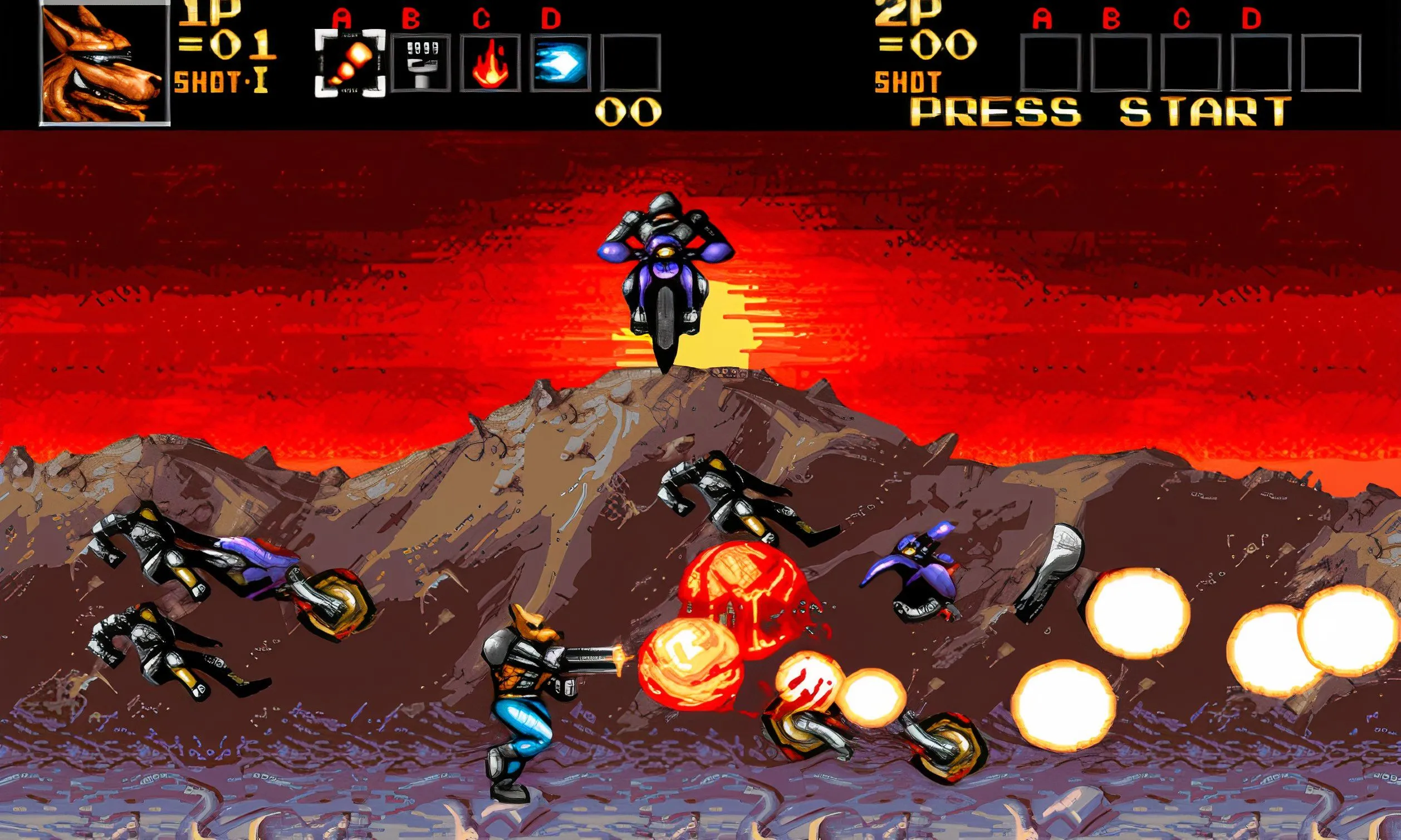 Cảnh gameplay bắn súng hành động trong Contra: Hard Corps trên Sega Genesis với nhân vật đang chiến đấu dữ dội