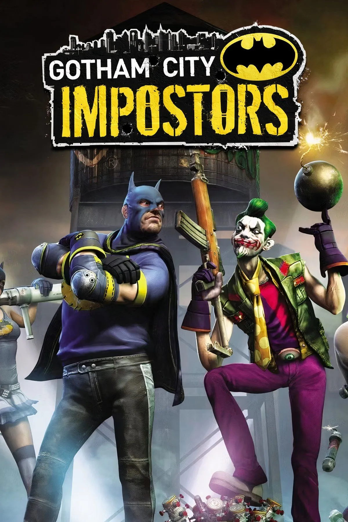 Cảnh gameplay hỗn loạn của Gotham City Impostors với các nhân vật tự chế và vũ khí độc đáo trên Xbox 360
