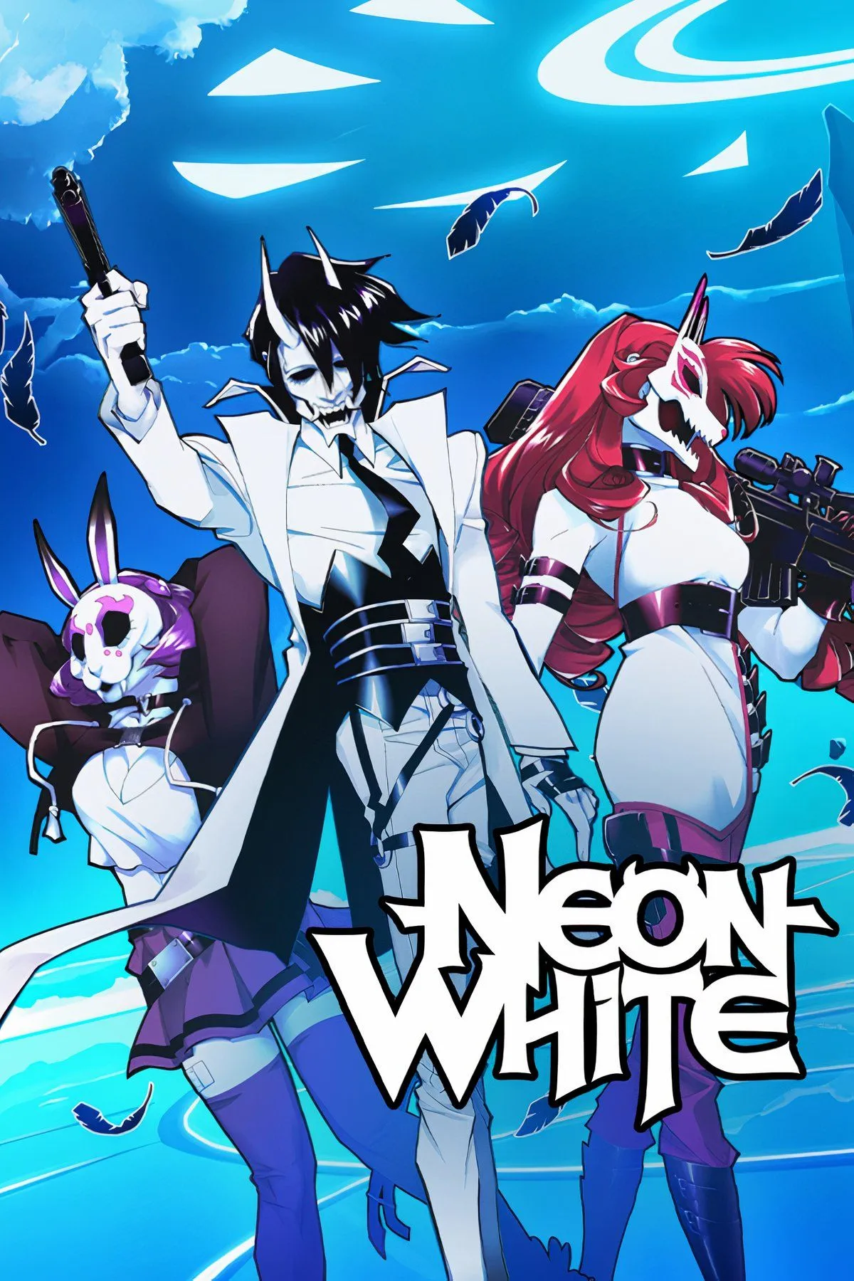 Cảnh gameplay tốc độ cao của Neon White với nhân vật đang di chuyển và bắn súng