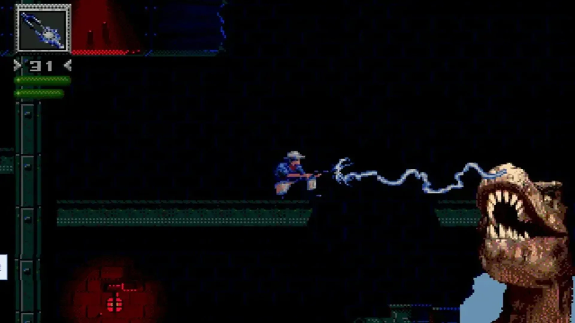 Cảnh gameplay trong game hành động phiêu lưu Jurassic Park trên hệ máy Sega Genesis.