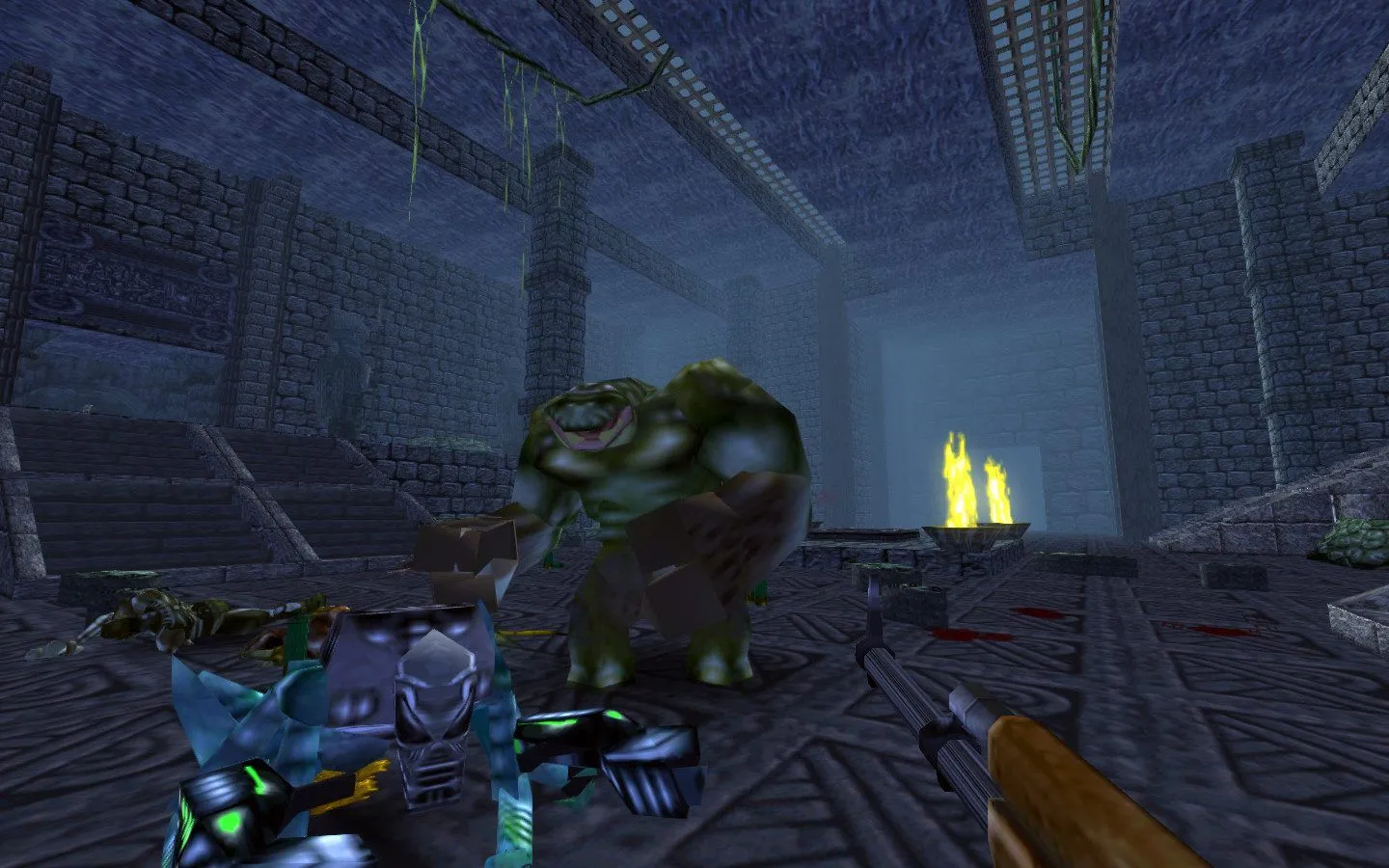 Cảnh gameplay Turok Remaster với nhân vật chính đối đầu kẻ thù trong hành lang đá
