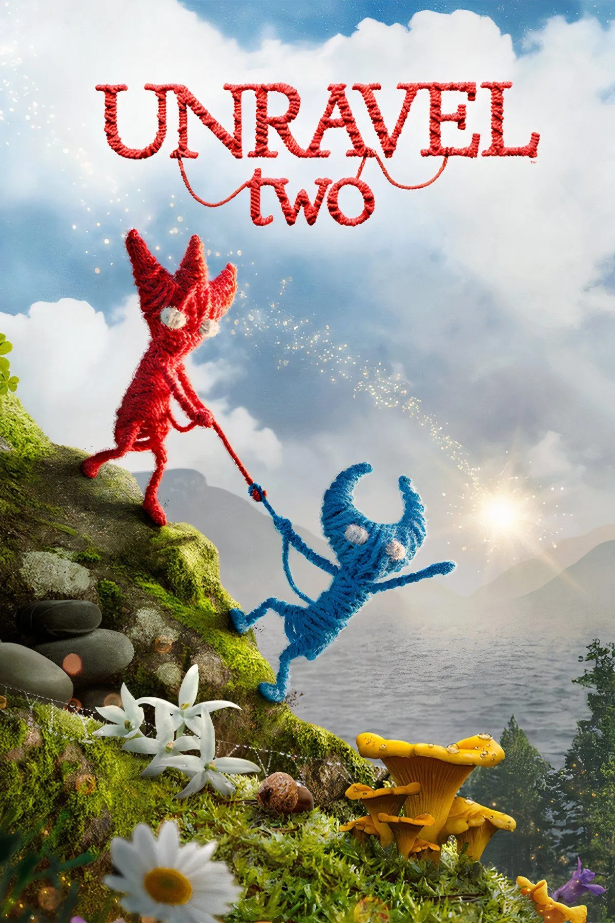 Cảnh gameplay Unravel Two: Hai nhân vật Yarny kết nối vượt chướng ngại vật