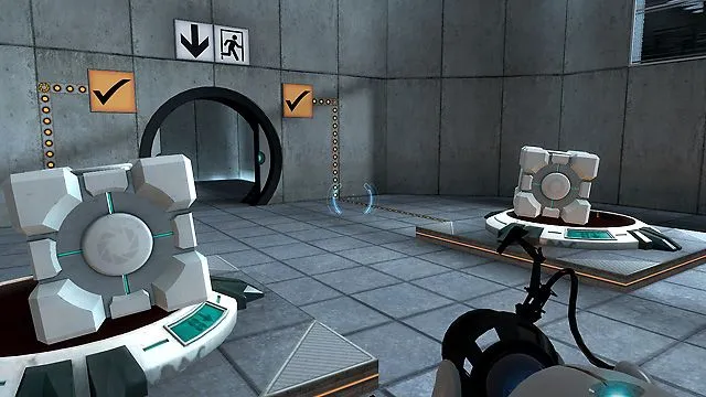 Cảnh giải đố trong game Portal, sử dụng các khối lập phương để kích hoạt công tắc mở cửa