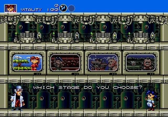 Cảnh hành động dồn dập trong Gunstar Heroes, nơi người chơi phải đối mặt với nhiều kẻ thù và chướng ngại vật
