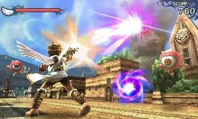 Cảnh hành động trong Kid Icarus Uprising, một game bắn súng trên Nintendo 3DS