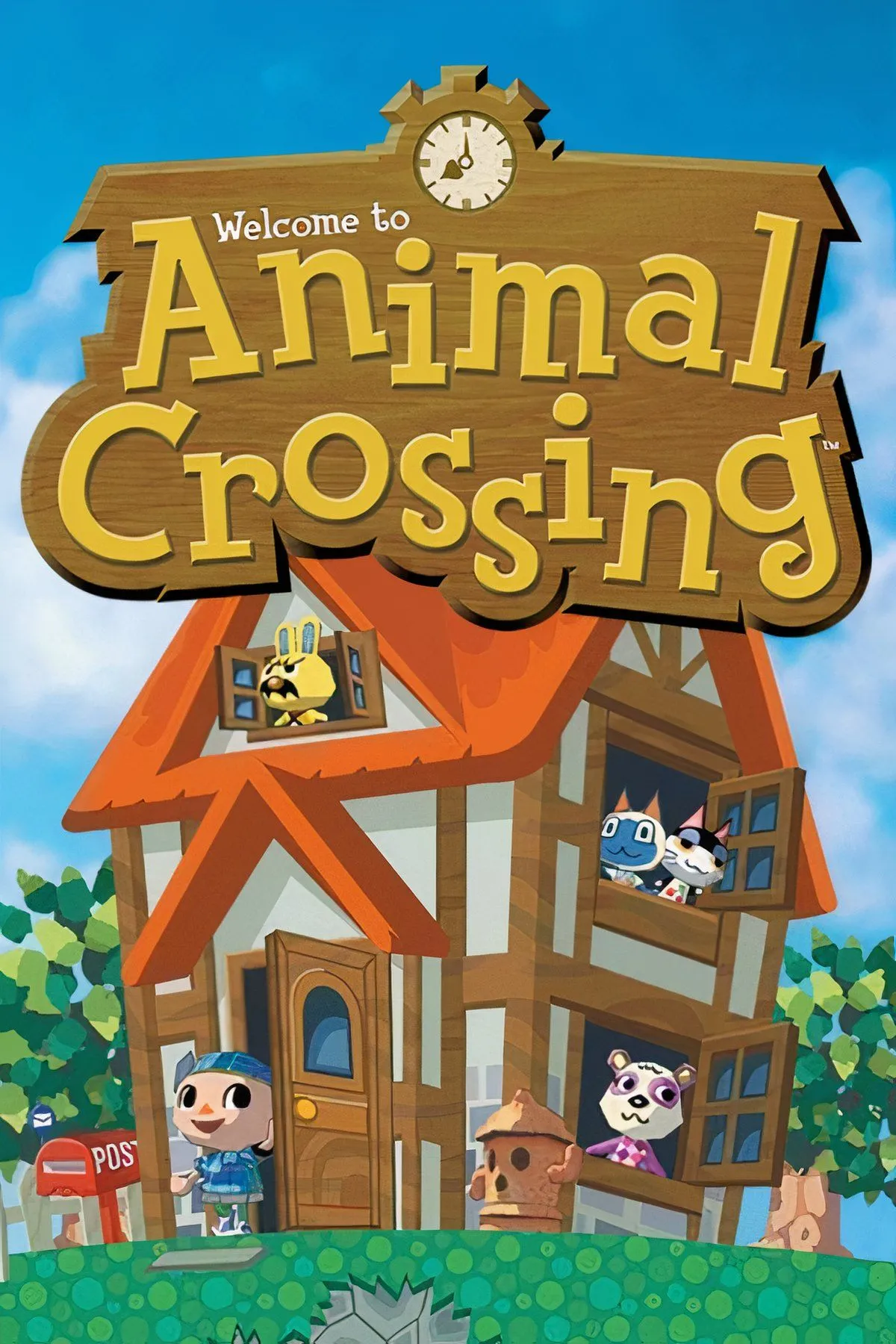 Cảnh làng quê yên bình trong Animal Crossing trên Nintendo GameCube, với nhân vật chính đang trò chuyện cùng các cư dân động vật dễ thương.