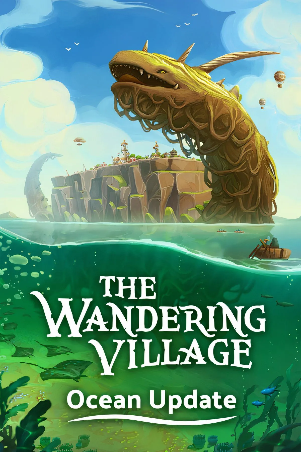 Cảnh ngôi làng trên lưng sinh vật khổng lồ Onbu trong The Wandering Village