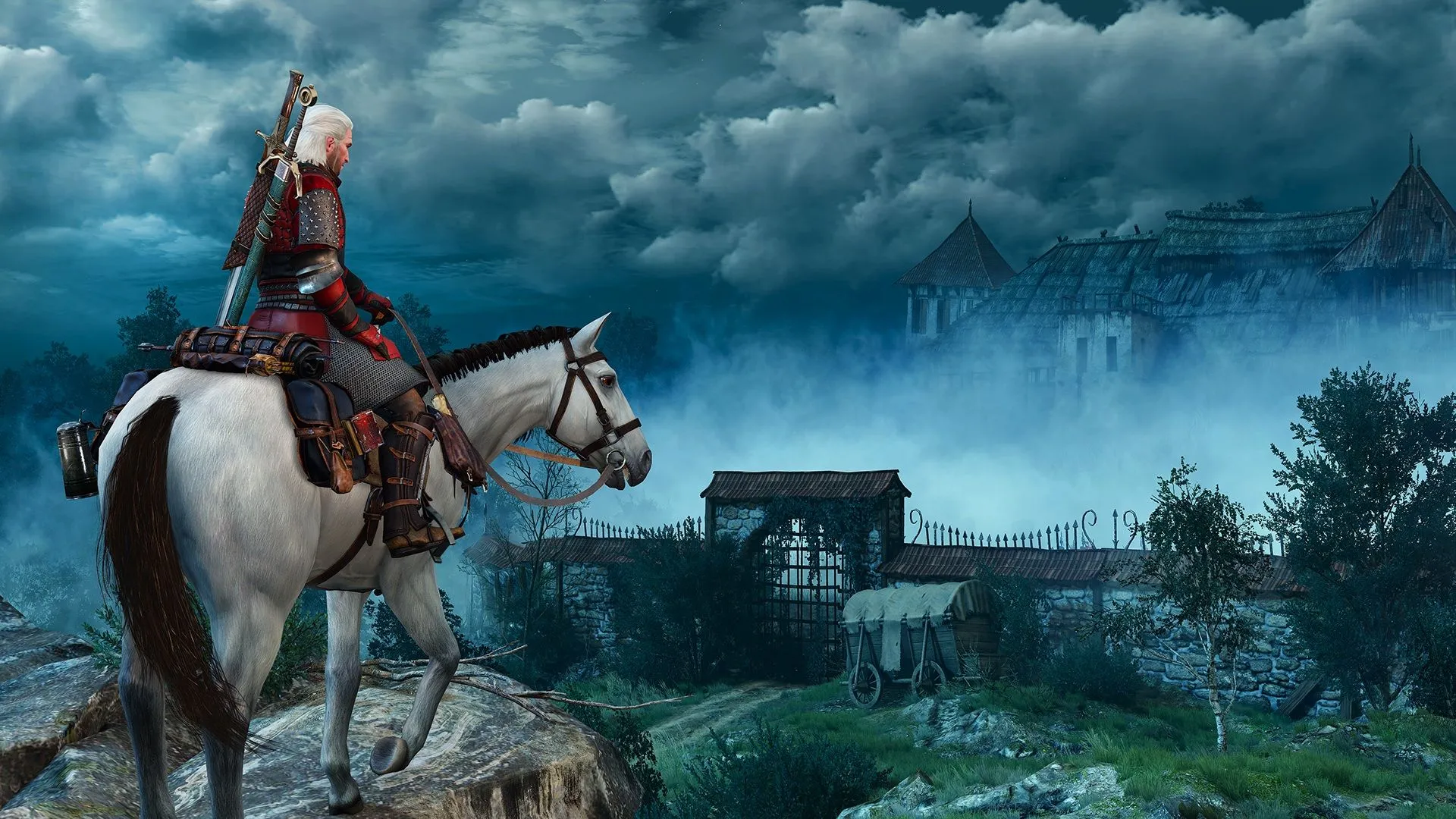Cảnh quay gameplay từ The Witcher 3: Wild Hunt với Geralt cưỡi ngựa