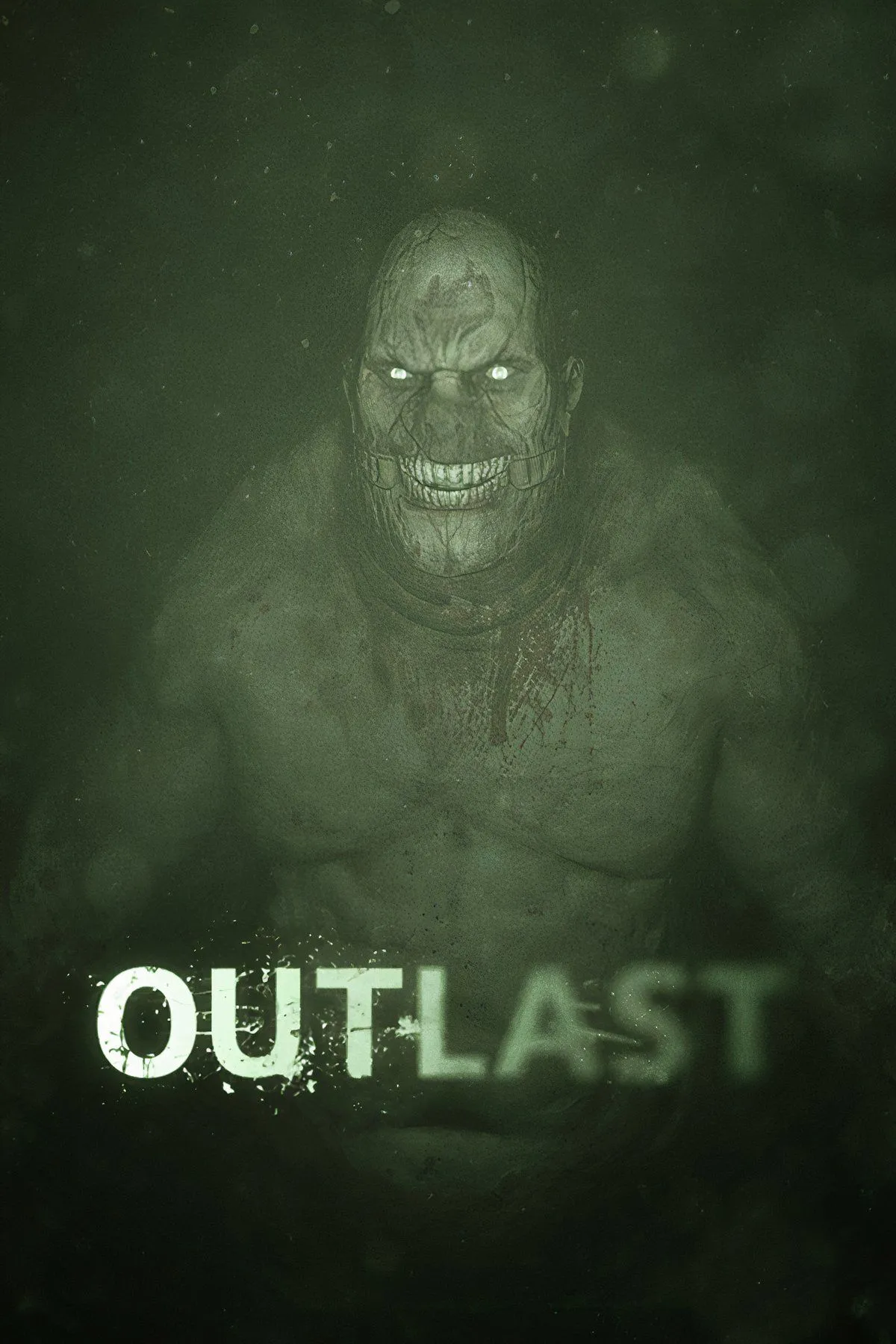 Cảnh quay từ game Outlast, một hành lang bệnh viện tâm thần tối tăm với ánh sáng xanh từ camera nhìn đêm, bác sĩ Trager xuất hiện đầy đáng sợ.