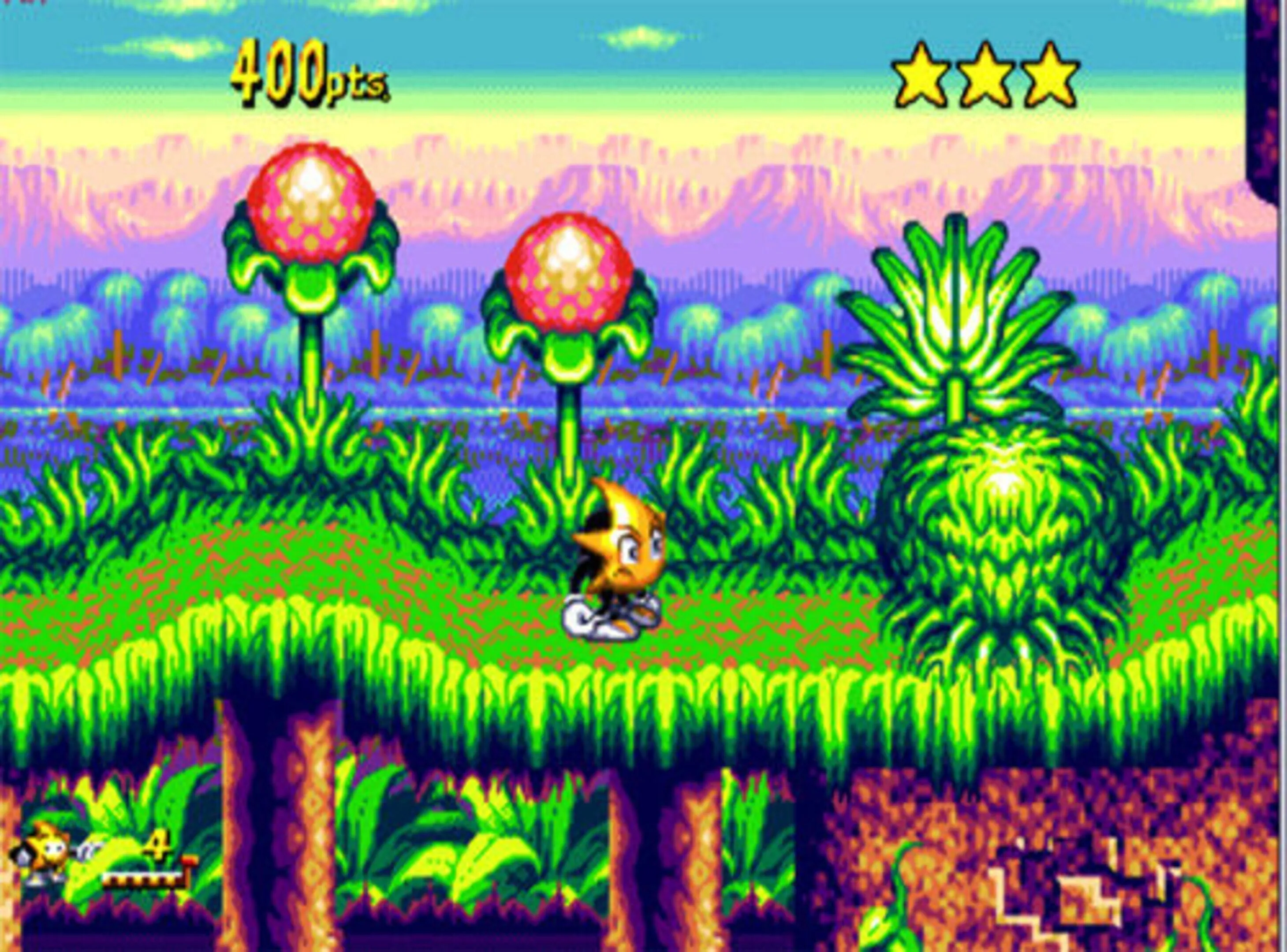 Cảnh Ristar di chuyển trong màn chơi đầy cây xanh của tựa game platformer Ristar trên Sega Genesis