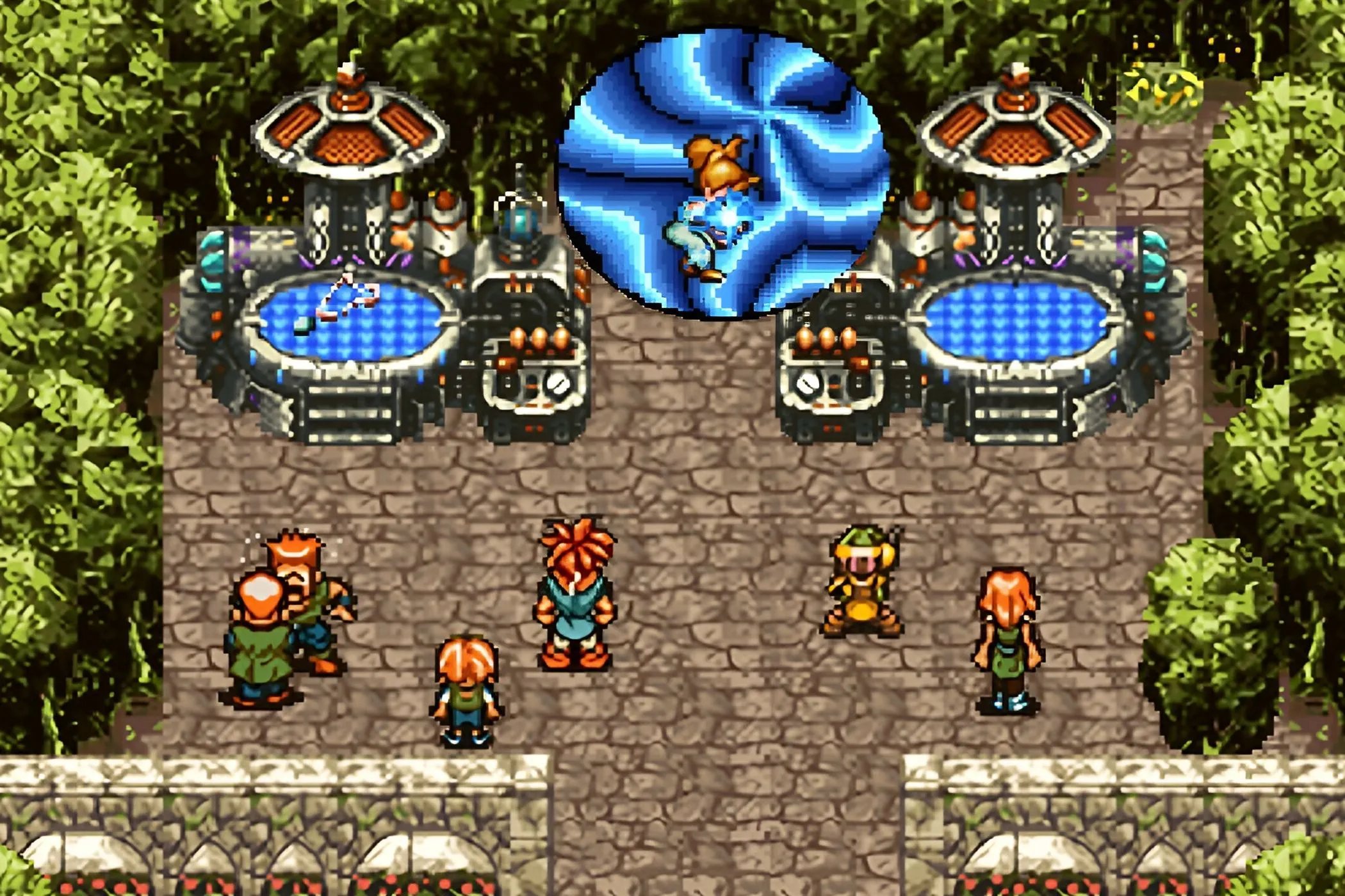 Cảnh trong game Chrono Trigger với các nhân vật 2D và cổng không gian xanh