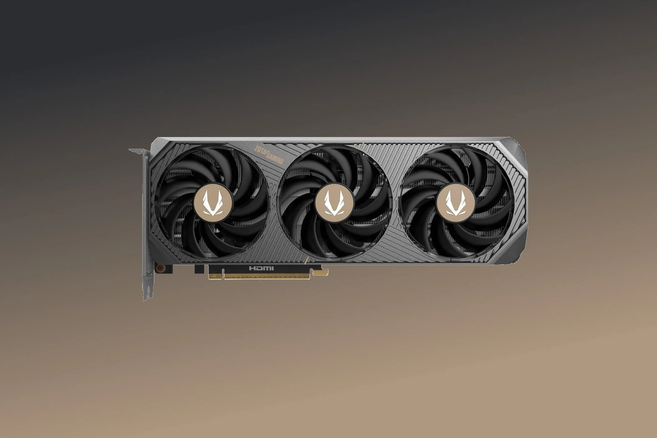 Card đồ họa Zotac Solid GeForce RTX 5070 nổi bật với các chi tiết màu đồng.