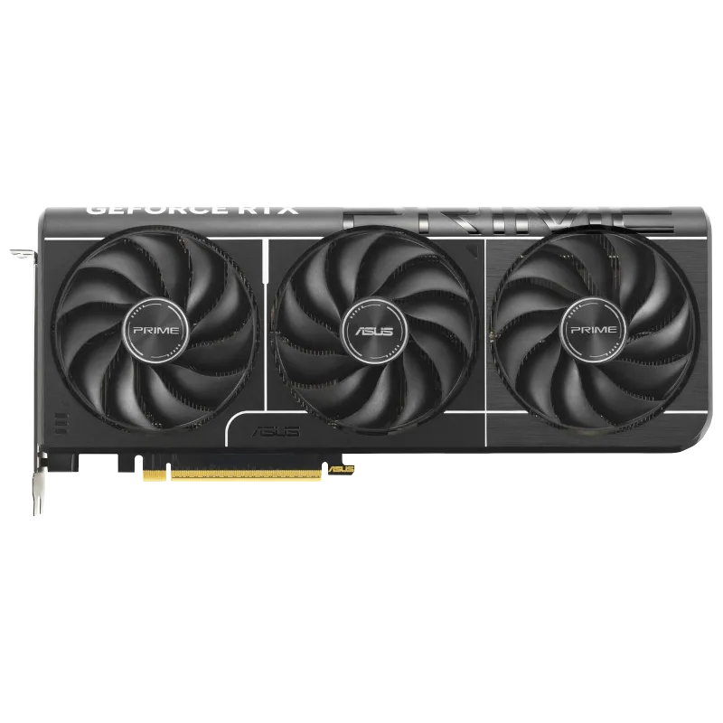 Card màn hình Asus Prime GeForce RTX 5070 thực tế, minh họa hệ thống tản nhiệt ba quạt Axial-tech.
