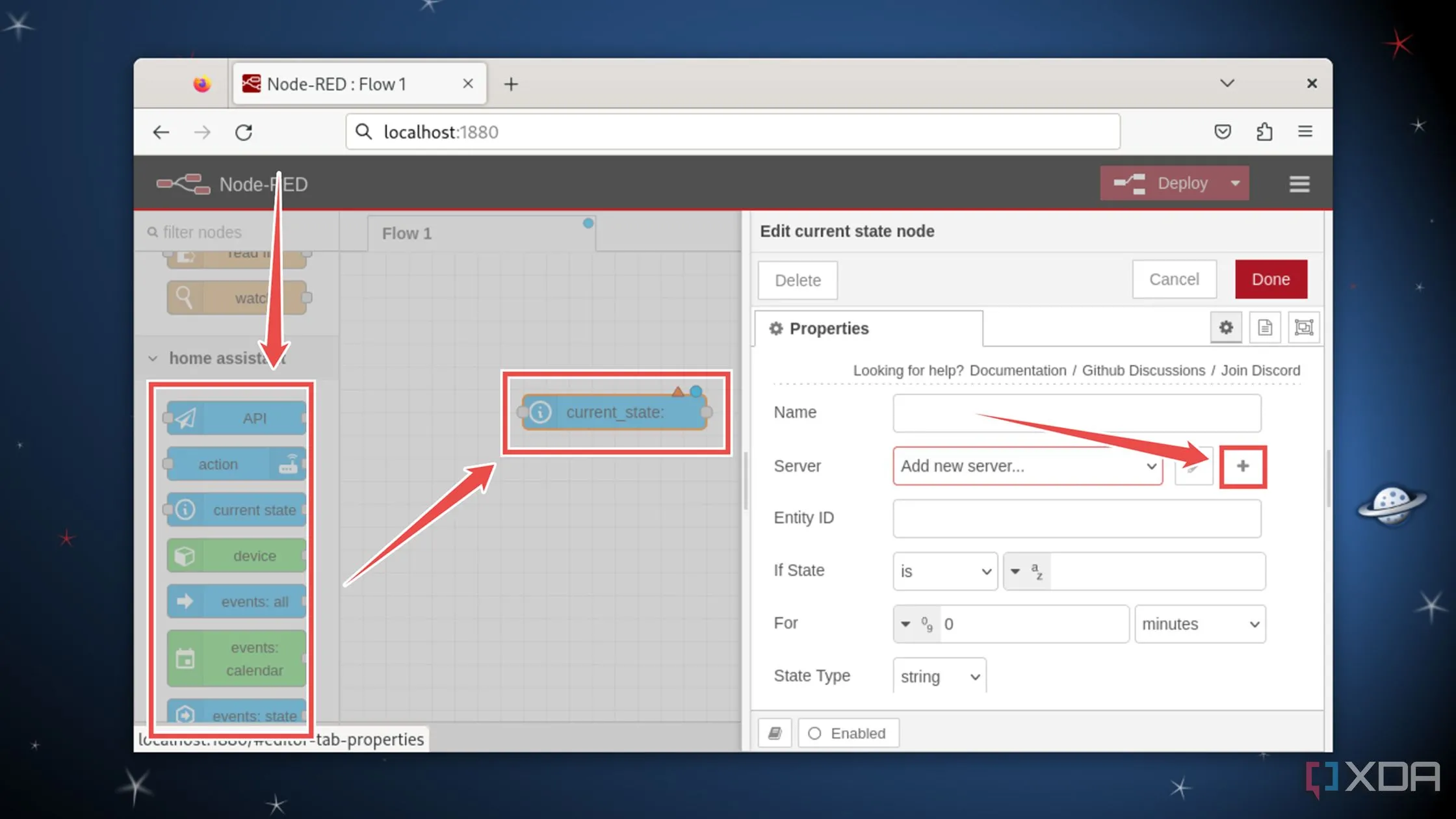 Cấu hình nút Node-RED sau khi kéo vào canvas, thêm thông số server