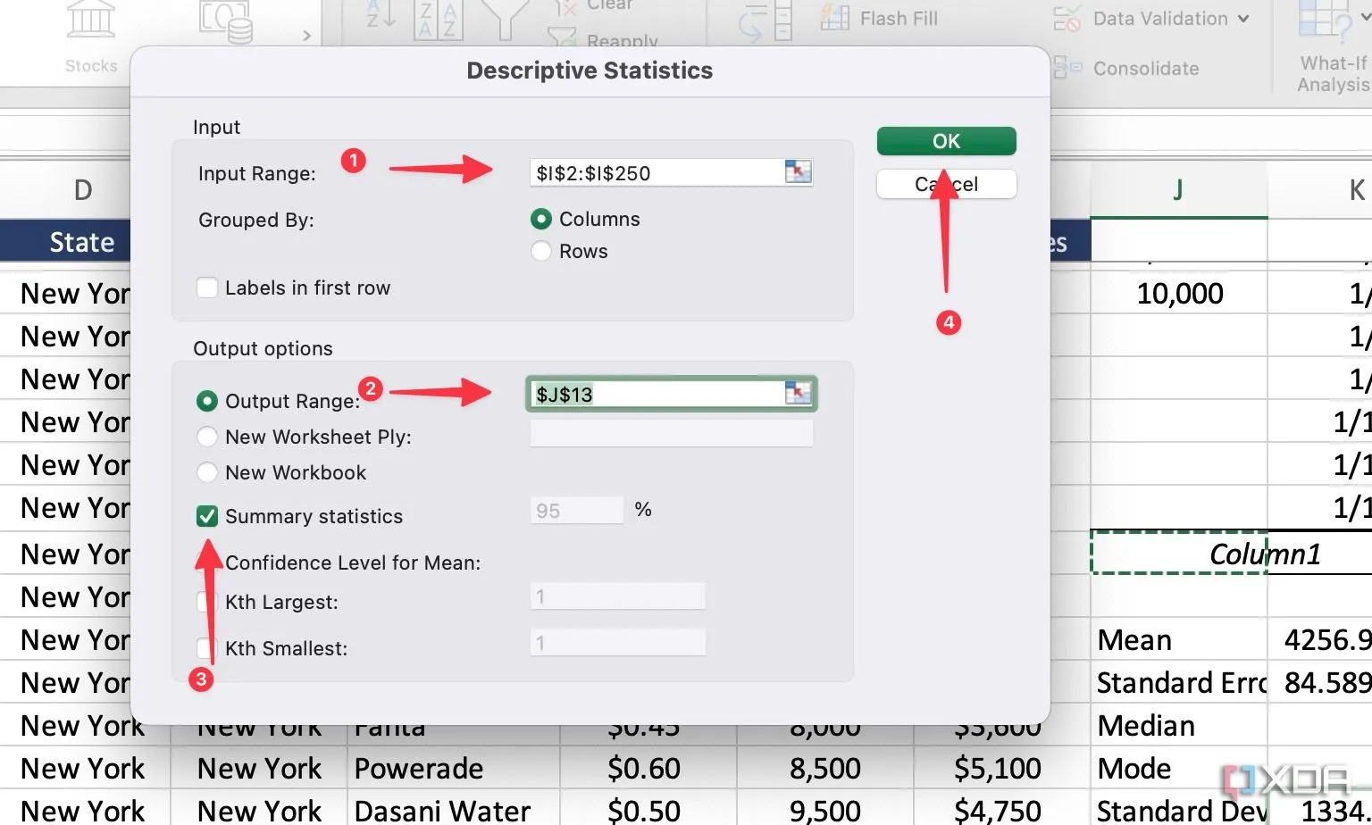Cấu hình phạm vi nhập và xuất cho Descriptive Statistics trong Excel
