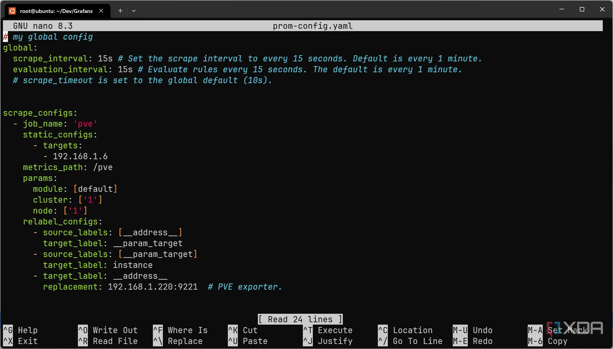 Cấu hình `prom-config.yaml` mẫu để tích hợp Prometheus PVE Exporter vào Prometheus