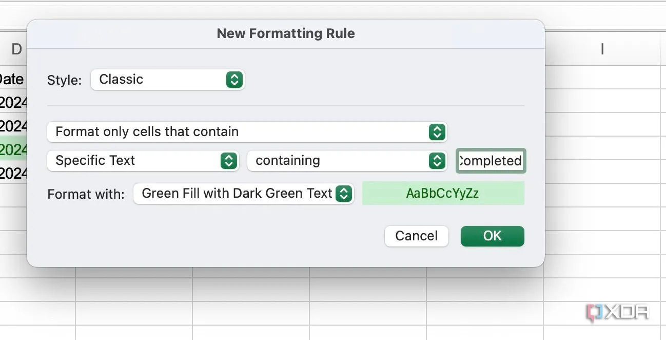 Cấu hình quy tắc Conditional Formatting để tô màu cho trạng thái &quot;Completed&quot;