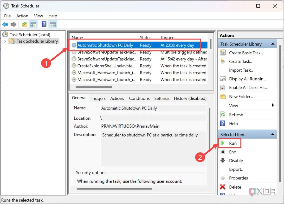 Chạy thử tác vụ hẹn giờ tắt máy trong Task Scheduler