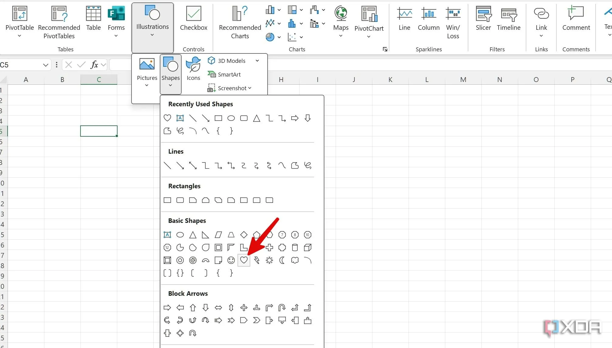 Chèn hình dạng trái tim lãng mạn trong Excel