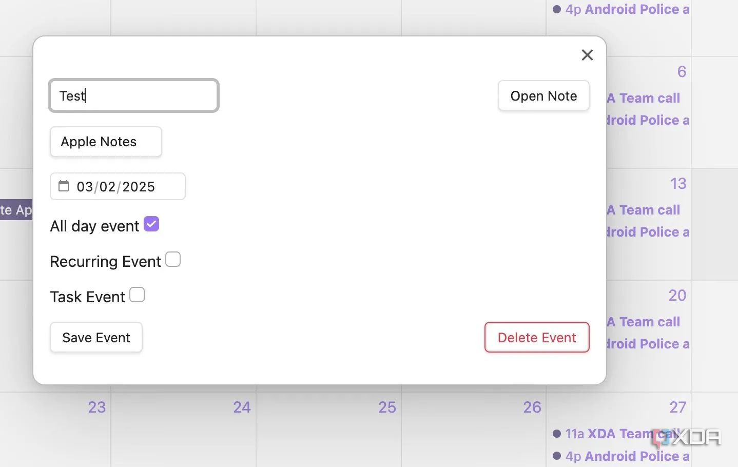 Chi tiết sự kiện trong plugin Full Calendar của Obsidian, cho phép người dùng thêm ghi chú, đặt sự kiện cả ngày hoặc lặp lại.