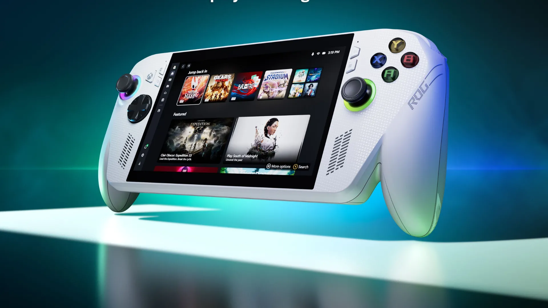 Chiếc Xbox Ally với nền xanh dương, đặt chéo góc nhìn
