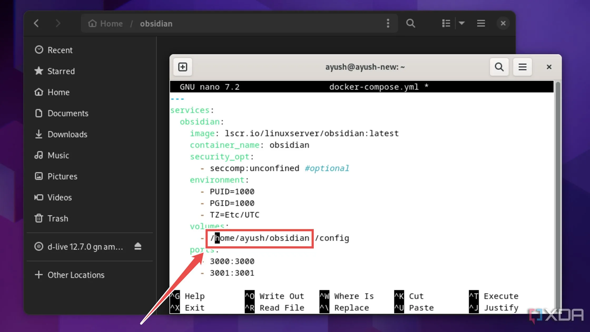 Chỉnh sửa đường dẫn cấu hình (path) trong docker-compose.yml cho Obsidian