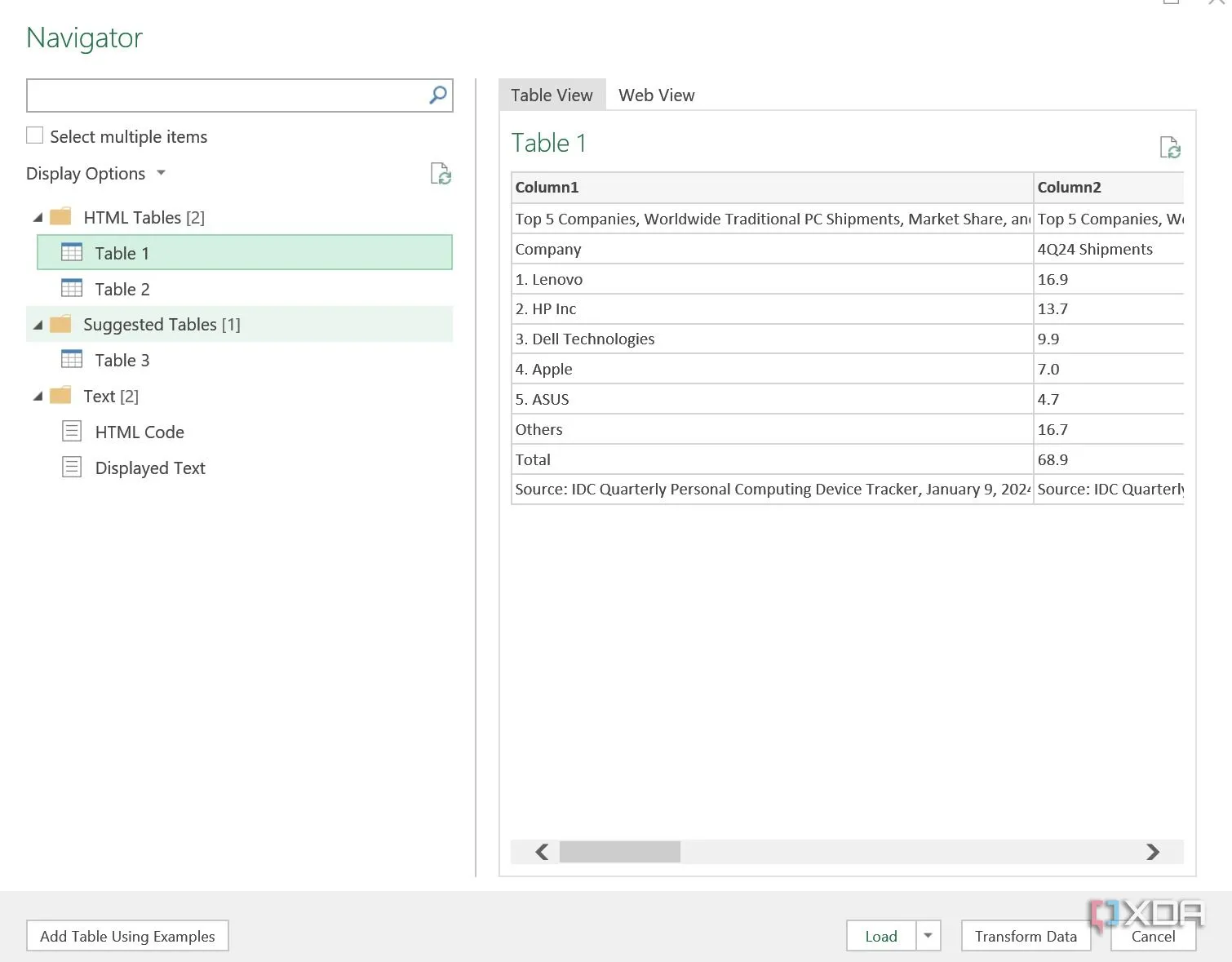 Chọn bảng dữ liệu phù hợp từ các gợi ý của Excel sau khi nhập URL web, một bước quan trọng khi nhập dữ liệu từ trang web.