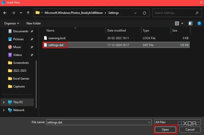 Chọn file &quot;Settings.dat&quot; trong thư mục gói ứng dụng Microsoft Photos.