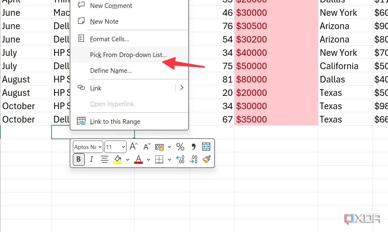 Chọn giá trị từ danh sách thả xuống trong Excel