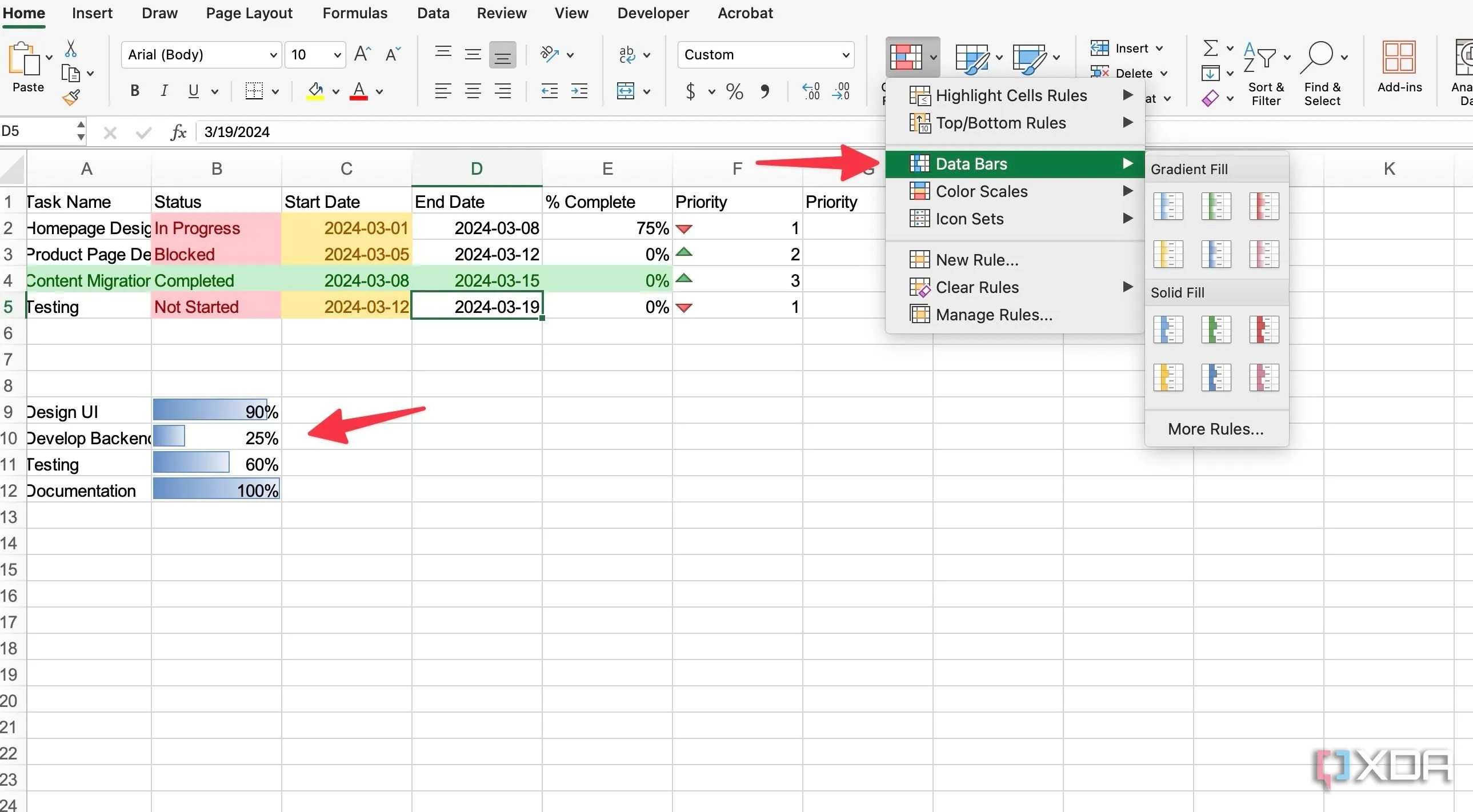 Chọn kiểu Data Bars trong Conditional Formatting để tạo thanh tiến độ trực quan