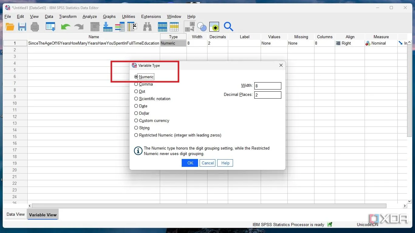 Chọn kiểu dữ liệu Numeric cho biến trong SPSS